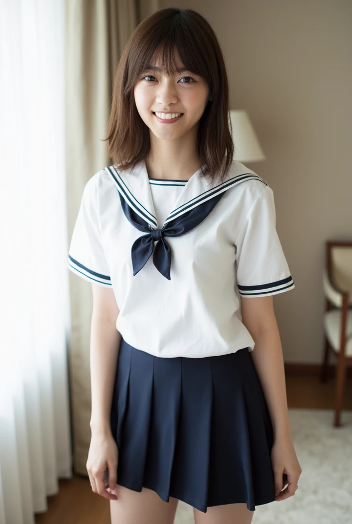 neat college girl, (school uniform, sailor uniform, ribbon tied at chest, summer uniform, upper body white, skirt is navy blue), outside the athletic field, (slim), photorealistic, detail, skin texture, ultra detail, delicate and sexy collarbone, smile, super detailed face, detailed lips, detailed eyes, double eyelids, small breasts, small breasts, small, flat breasts, breast emphasis