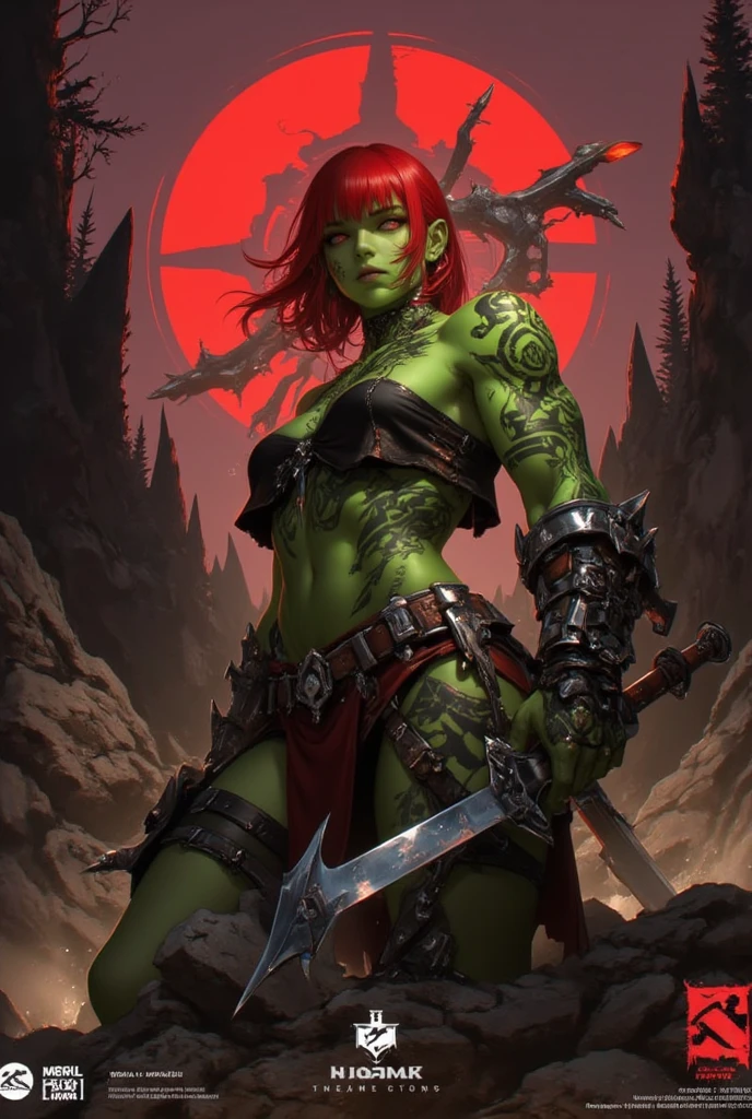 (1  muscular beauty female,warrior,half orc, humanoid,green skin, messy red hair,scar:1.2),large breasts, fantasy world, medieval, cave, mining operation, fortifications, (damaged micro leather bra, threatening armor, leg guard, gauntlets:1.2), red cape,dynamic fighting pose,dynamic angle,cameltoe,angry,(holding weapon:1.2),erected nipples