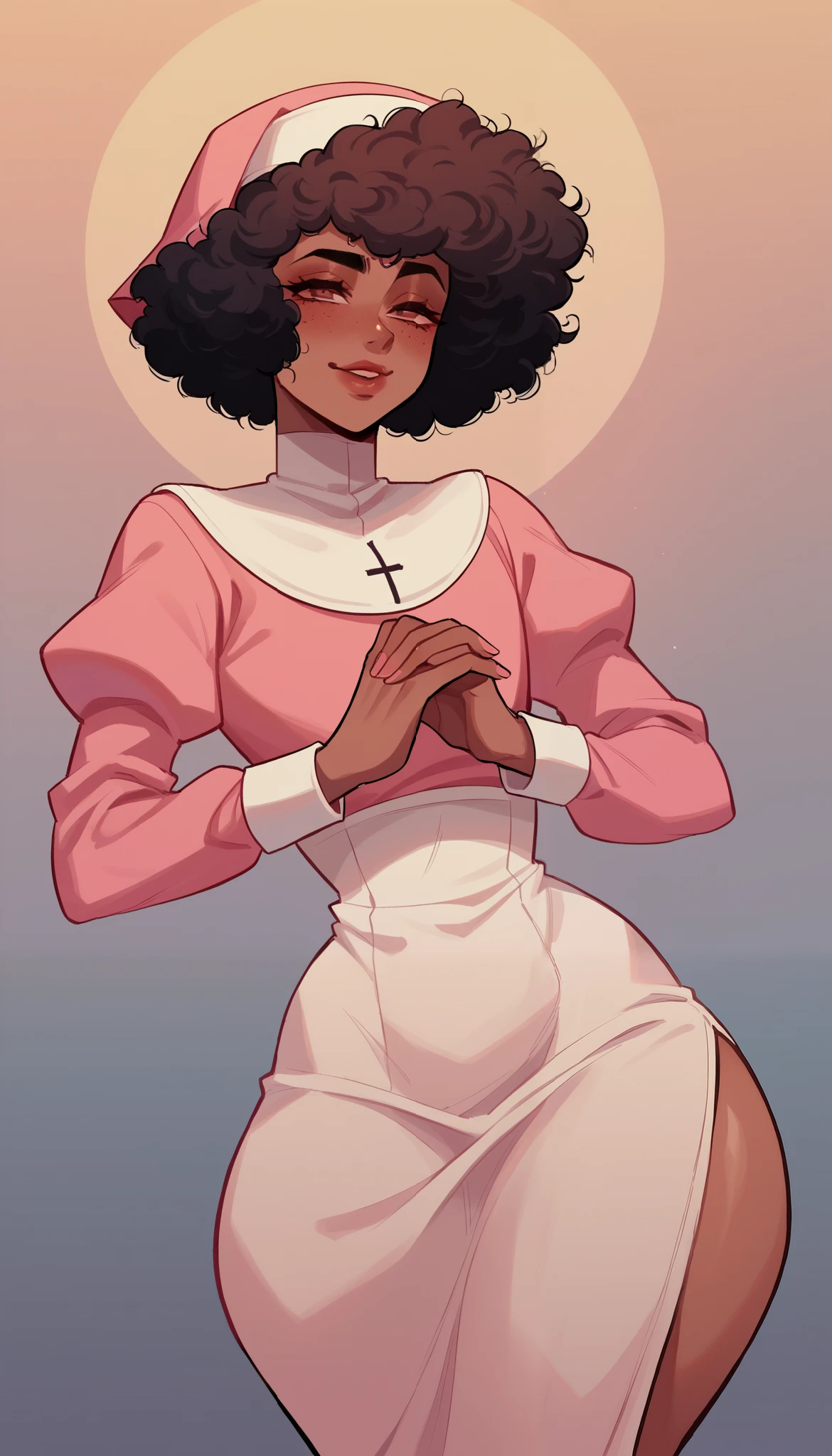 better quality, very detailed illustration short ruffled voluminous bouncy hair , afro hair, playful look, delgado, ideal body, thin waist , wide hips, simple drawing, Artifyber style , pastel flat colors , nun outfit, sexy, close up, femboy