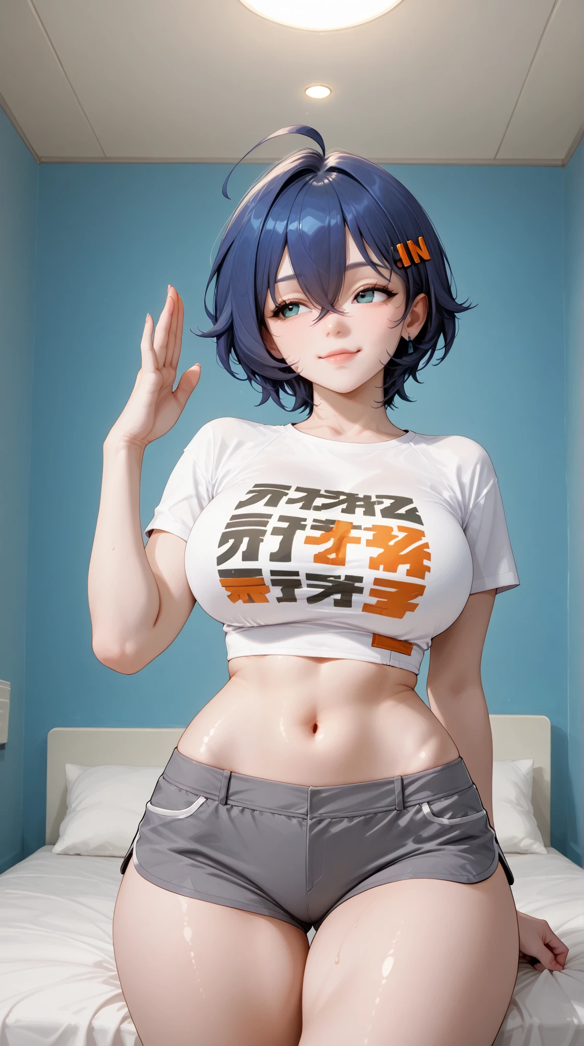imtdbellezzz,1girl,short hair,blue hair,hair ornament,hair between eyes,ahoge,belle,beautiful,korean face,expressive,sexy legs,large breasts,grey shorts,soft light,best quality,upper body,blue plain background,bed rooms,midriff,belly,navel,sexy,hot girl,navel line,thick thighs,wide hips,shirt,white t-shirt,sexy girl,sexy woman,perfect hands,thick skin,t-shirt,crop top,bare belly,thigh thighs,beautiful girl,hot pose,sexy pose,big breasts,shorts,high detailed,belleZZZ