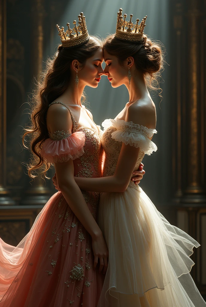 Two women embrace each other, with a palace behind them.
