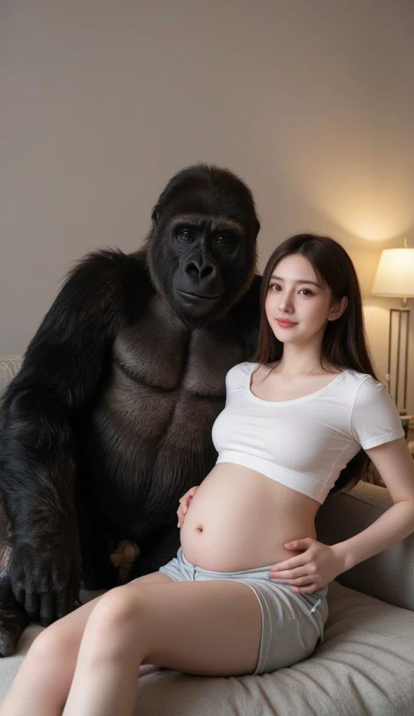giant gorilla monster carries faint limp pregnant topless beautiful horny aroused pink thong young asian teen girl in his arms embrace sitting on his lap cuddling small breasts nsfw licking her breasts with his tongue