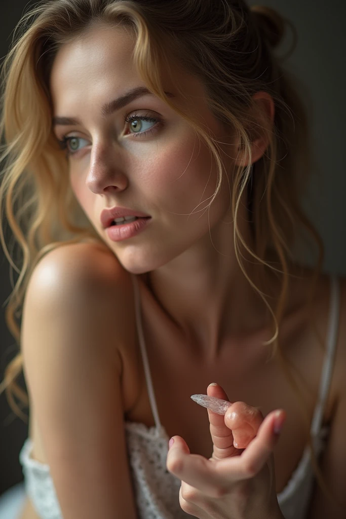 White girl with white skin, light blue eyes and a supermodel body touching herself and making a face of pleasure