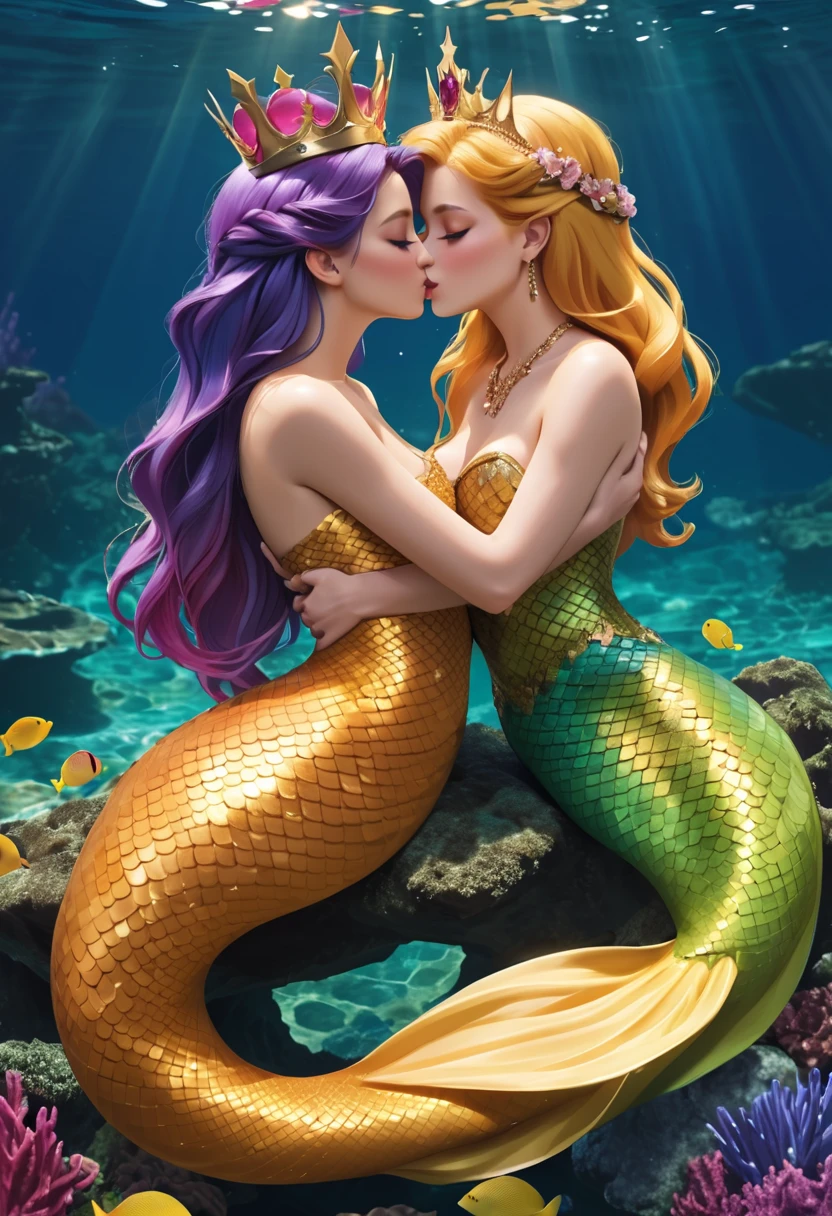 two nude mermaids kissing