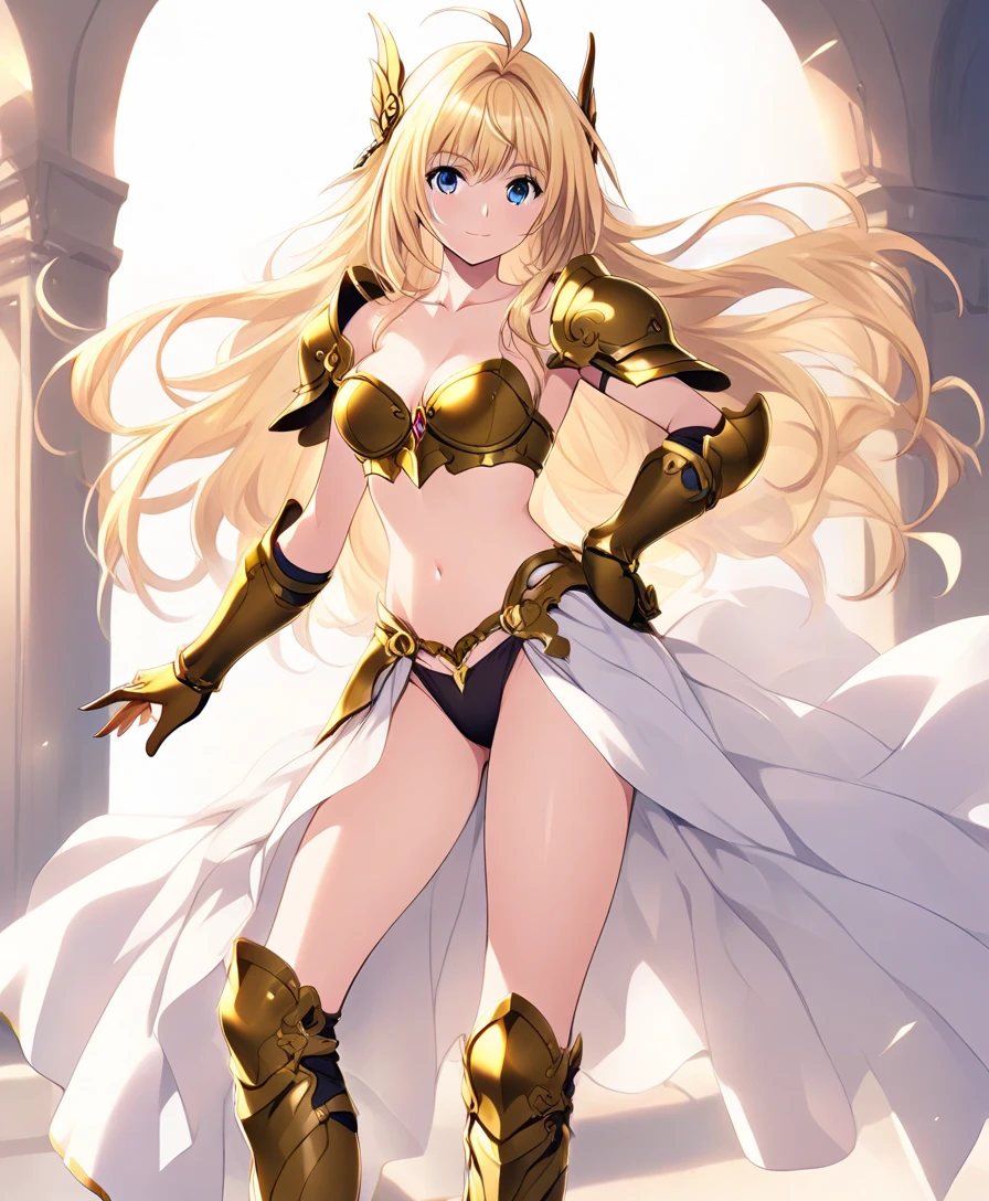 Blonde Queen Golden Crown， White Armor，，cleavage，underwear，，High heel，Standing，Excalibur，castle