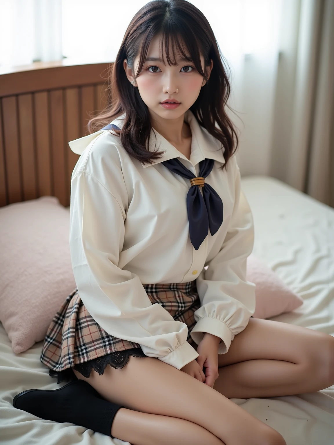 ULZZANG-6500-v1.1, (Raw photo:1.2), (Photottorial,:1.4), a beautiful detailed girl, extremely detailed eye and face, beatiful detailed eyes, Ridiculous, unbelievable Ridiculous, huge filesize, ultra-detailliert, hight resolution, ighly detailed, best qualtiy, masuter piece, , Kemomimi, ((Japan Girls' High School Uniform)), illustratio, ighly detailed, UHQ, unification, 8k wallpaper, magnifica, finely detail, masuter piece,, best qualtiy, Highly detailed UHQ uniform 8k wallpaper, Light on the face、电影灯光、16yo girl、((witheout panties))、((dynamicposes)))、(camel's toe)、(half)、(panthyhose、、、、)i、(Sit on your legs with your knees bent))、shorth hair、shorth hair、long neck、Put your ears out、bangss、big eye、Lashes、cute little、a very cute