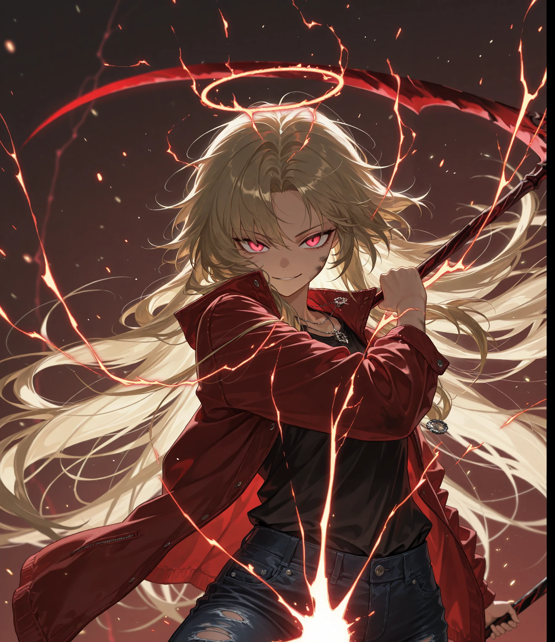 by [arknights|(748cmstyle:0.5)], mature, young adult, masterpiece, best quality, amazing quality, very aesthetic, high resolution, ultra-detailed, absurdres,
1girl, woman, solo, alone,(dynamic pose, looking at viewer, side shot, upper body focus, action shot, three quarter view, cowboy shot:1.2), very long hair, dramatic pose, wild hair, drama, pink eyes, red eyes, dirty blonde hair flowy hair, demonic necklace, black shirt, red denim jacket, ripped jacket, ripped jeans, demonic halo, smirk, tsurime, yandere, cocky expression, Magical atmosphere , spinning energy , waves of light , Face Highlights , glowing particles , paper light, Darmagmbm, goddess of corruption, red lightning, Dual Wielding Scythes, scythe magic, phonk cover, novuschroma79 style, glitch art photo
BREAK, depth of field, volumetric lighting
 
