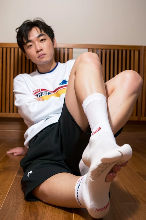 Anime boy blonde glitter shirt yellow shorts with long white socks and shoes sneakers