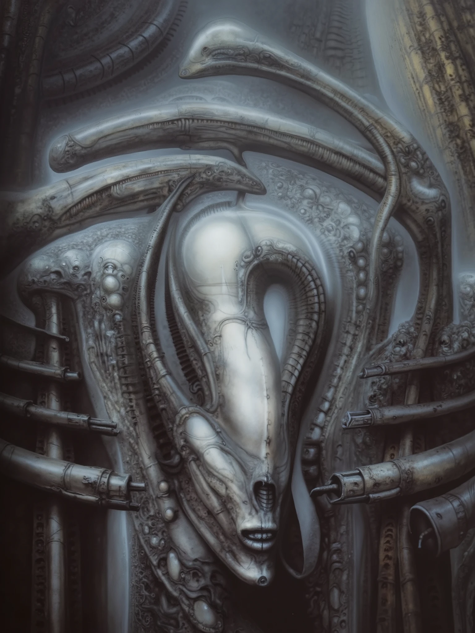 Please reproduce the original image as accurately as possible, capturing the intricate details of the biomechanical structures, the dramatic lighting, and the overall sense of unease. Find and enhance depiction of Giger's demons and creatures.(best quality:1.4). Use DARK BLACK COLORS.The final image should evoke the same sense of awe and dread as the original artwork by H.R. Giger,, (best quality:1.4), H.R. GIGER,  BY GIGER, a mural depicting a antient dark god with dark powers connected to death and darkness, tendrils stretch from there fingertips, monsters lay at there feet, it is the mother of monsters, she feeds the monsters via tentacles on her fingertips, mother of all monsters, codex, her eyes shine, golden details, she feeds monsters, symmetrical, perfect, allegory of sin,evil, darkness, big painting, stored in Louvre