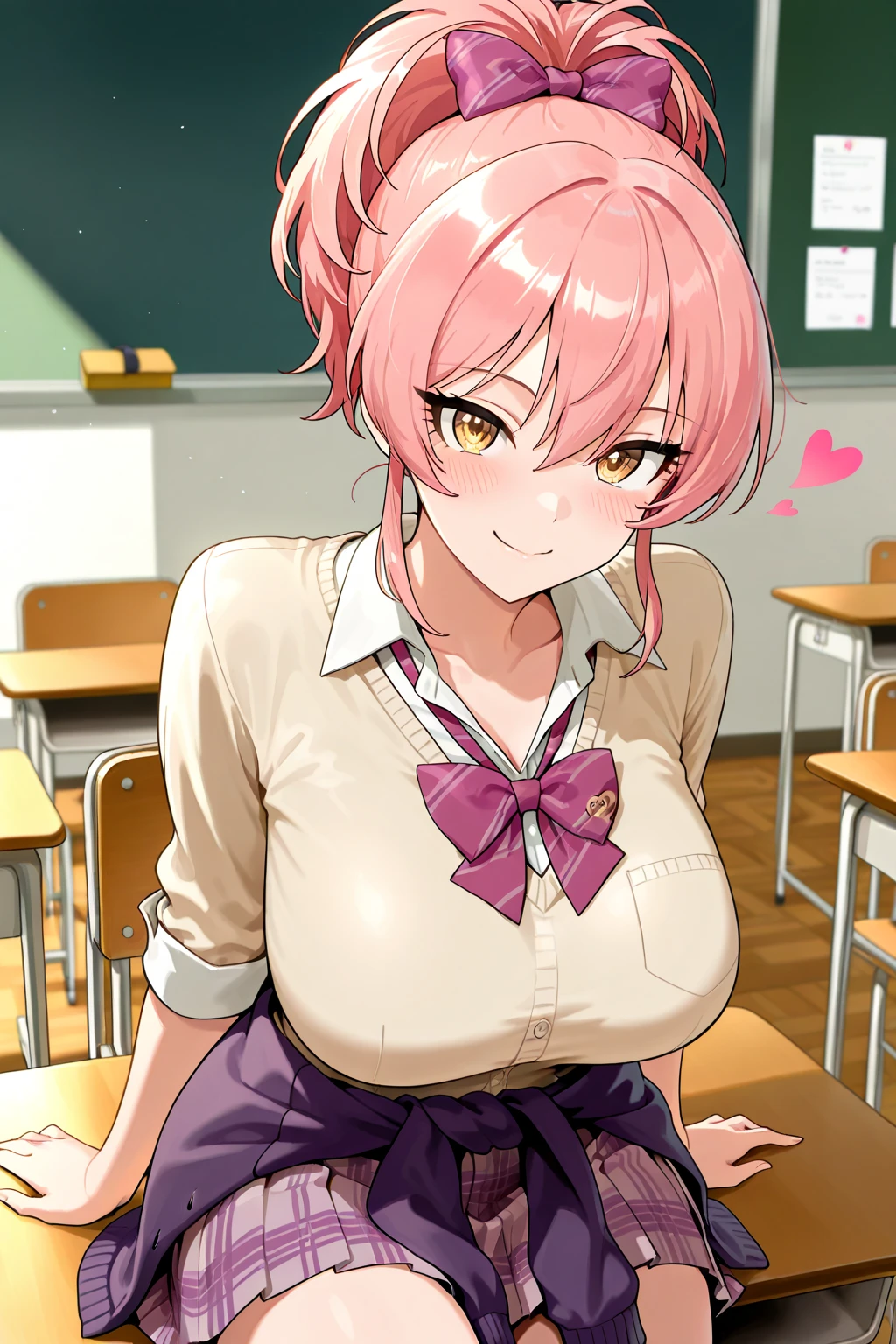 ((muste piece, best quality, High resolution, ticker, perfect pixel, Depth of bounds written, In 4K, )), 1 girl, solo, , beautiful anime girl, beautiful art style, 
close up of breasts, Looking at Viewer, 
perfect body,  

Yuigahama Yui, hair bun, short hair, big , pink hair, 

full face blush,  open mouth, (empty eyes,  heart-shaped pupil, pink eyes:1.4), smile, 

white collared shirt, black skirt, 
in classroom,  
From above, POV handjob,
upper glance,