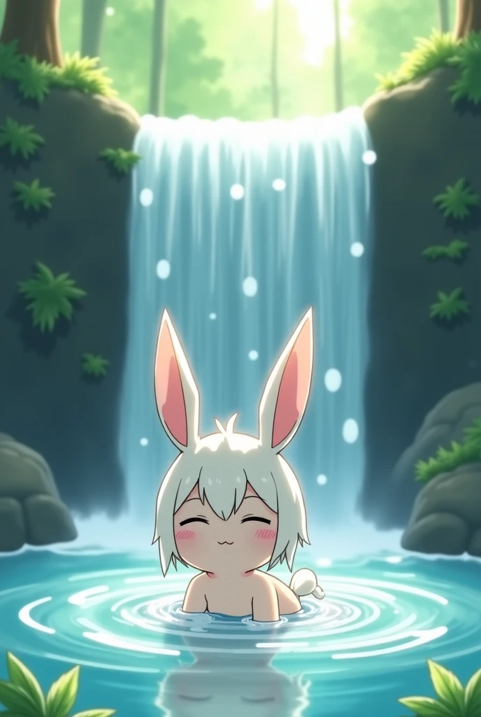 rabbit girl,female furry,mini girl,bathing under waterfall,ultra sparkle water detailed,high resolution,high quality,two eye closed,look up,hands washing head,smile,open mouth,light beam,wet body,wet head,wet face,wet arms,wet legs,body in water,pussy buttocks ,