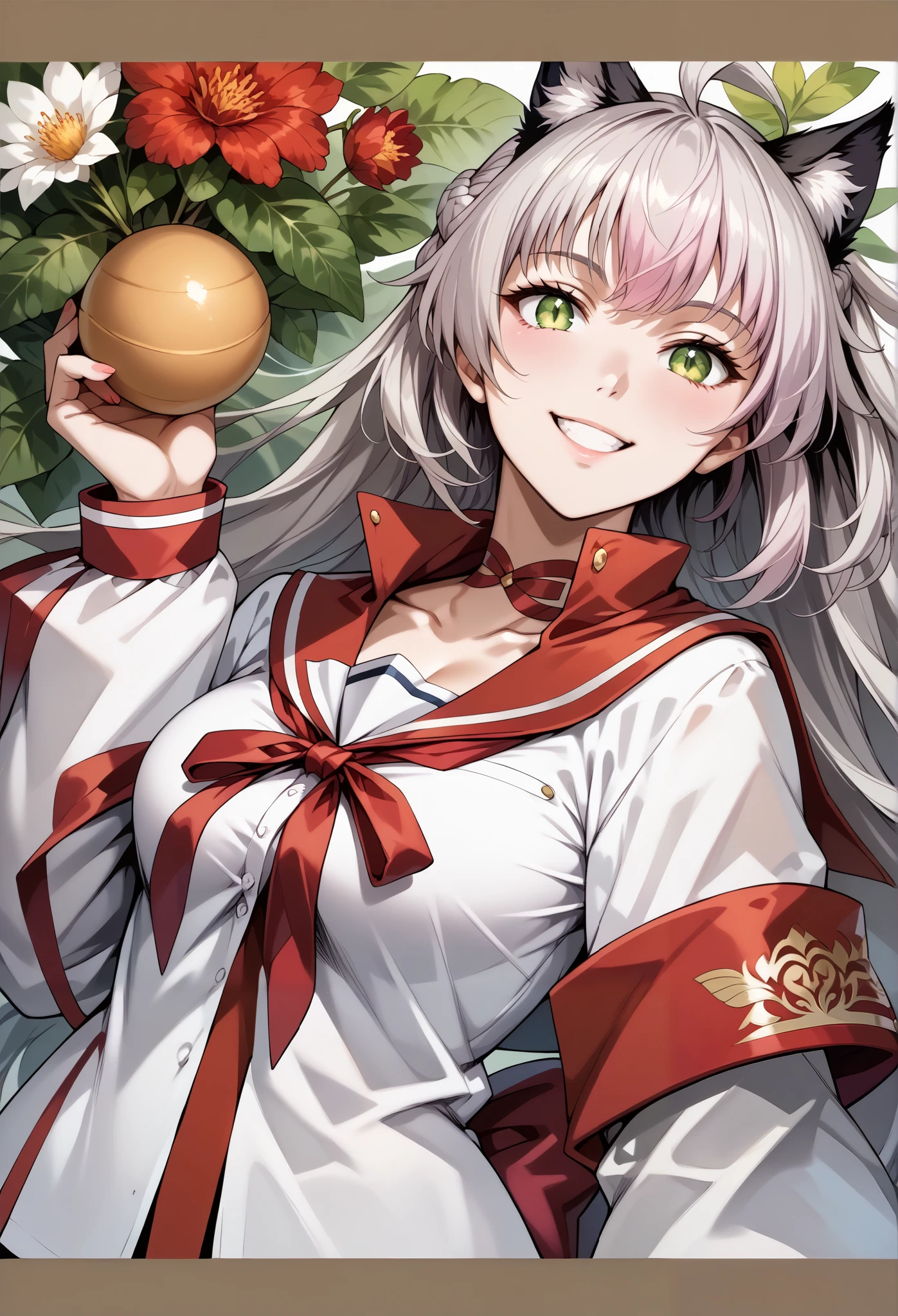 score_9, score_8_up, score_7_up, source_anime, 4K,perfect fingers,(perfect hands, perfect anatomy),prefect lighting, very aesthetic, intricate details,highly detailed background, masterpiece, high quality, best quality,
1girl,((solo)) ,atalanta, green eyes, slit pupils, grey hair, long hair, ahoge, animal ears, cat ears, , Large breasts,,
wearing ((off-white shirt with a sailor-style collar, Striking red ribbon accents the neckline and sleeves, shirt has a pattern of small, color yellow and light pink shapes, casual uniform, )),,
playful smile, winking at the camera, (feature large highlight:1.4), ( cowboy shot:1.4),(arched back:1.4), on back,One Girl, ((White plain background:1.5)) ,