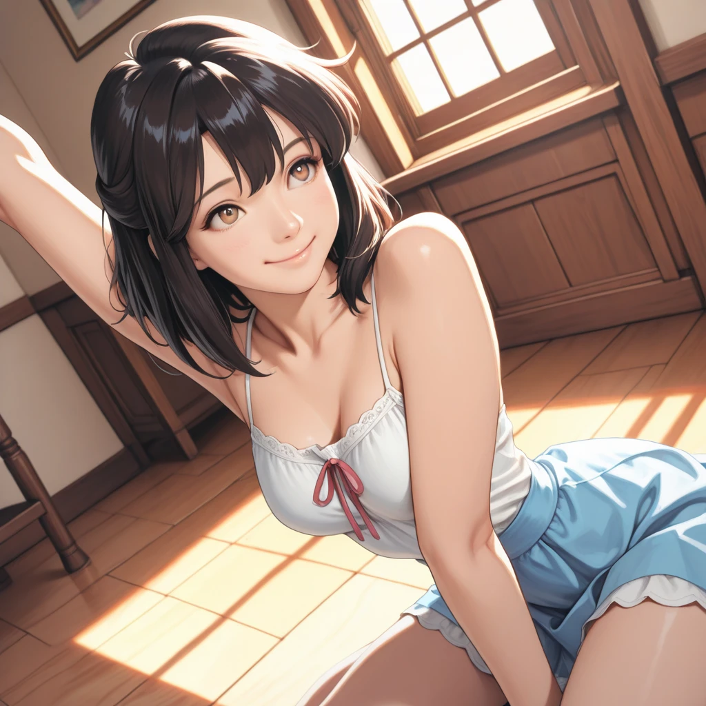 Highest quality, masterpiece, 4K, Highly detailed face, Highly detailed skin, Highly detailed wallpaper, Japanese anime, Second Dimension, Small face, Big Breasts, Normal body, Accurate body, Fine skin, Very beautiful cleavage, NSFW, whole body, One girl, Shy smile, On the bed, Short bob hairstyle, Black Hair, Suzumiya haruhiの憂鬱, Suzumiya haruhi, Sweaty, Cosplay, , mini skirt, From the back, On all fours