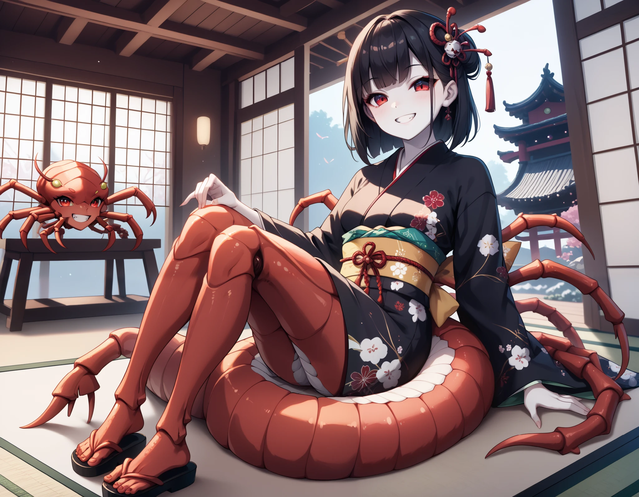 Lamia style girl. Fusion with a centipede. Black centipede body. Red insect legs. giant. Black costume. Japanese kimono dress. Red eyes. Black hair. Straight hair. Neat bangs. Grin. White skin. Japanese house. Indoors. look up.