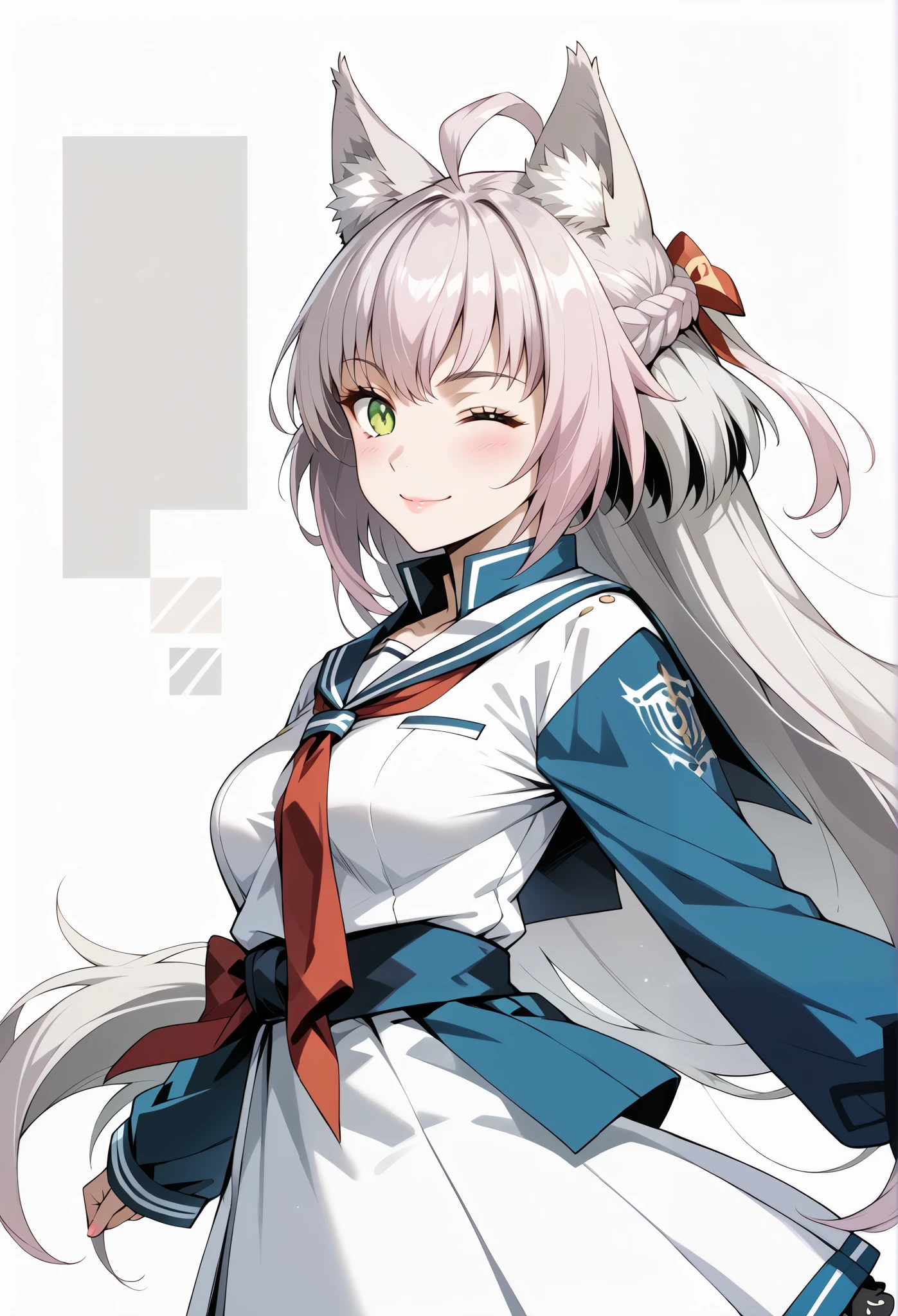 score_9, score_8_up, score_7_up, source_anime, 4K,perfect fingers,(perfect hands, perfect anatomy),prefect lighting, very aesthetic, intricate details,highly detailed background, masterpiece, high quality, best quality,
1girl,((solo)) ,atalanta, green eyes, slit pupils, grey hair, long hair, ahoge, animal ears, cat ears, , Large breasts,,
wearing ((off-white shirt with a sailor-style collar, Striking red ribbon accents the neckline and sleeves, shirt has a pattern of small, color  yellow and light pink shapes, casual uniform, )),,
playful smile, winking at the camera, (feature large highlight:1.4), ( cowboy shot:1.4),(arched back:1.4), on back,One Girl, ((White plain background:1.5)) , 