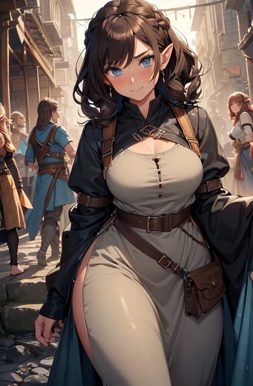 best quality, official art, masterpiece, textile shading, HDR, very detailed, colorful, best details, fantasy, battle armor,1 female, 25 years old, 3 mens bandits, Multiple horny bandits,Anxious and frightened expression, standing on stairs,Inside the cave,Dim brightness,choppy hair, big breast, skinny,Surrounded by a horde of bandits:1.9、Bandits in heat、Feeling like I&#39;m about to be attacked、Mysterious atmosphere、cameltoe:1.3, looking back, ground level shot:1.9,