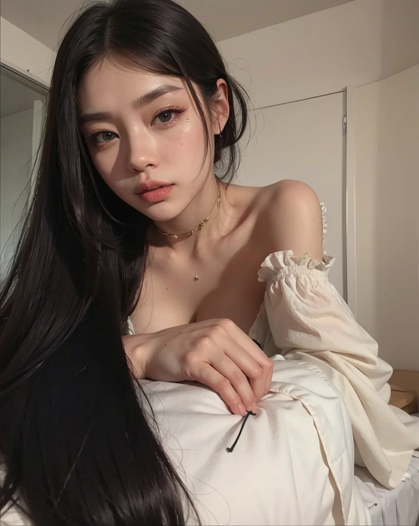 mulher arafada com longos cabelos pretos e um vestido bege, 18 anos de idade, cabelo preto e olhos grandes, lindo rosto latina, com cabelo preto liso, she is facing the camera, rosto sexy com maquiagem completa, look sexy at the camera, linda mulher, bust with a long and beautiful neck, cabelo preto longo e fino, cabelos escuros e maquiagem