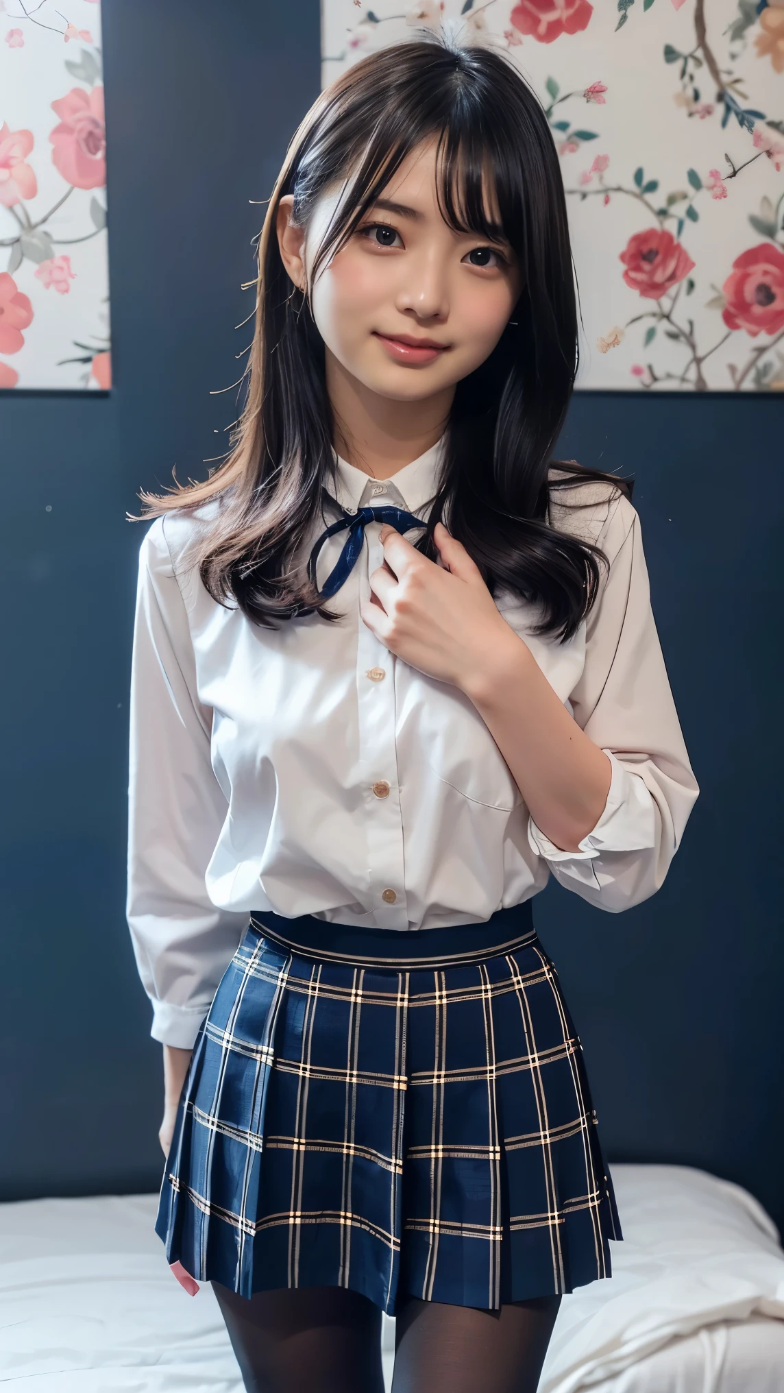 (masterpiece:1.2, Highest quality), (Realistic, photoRealistic:1.4), Beautiful illustrations, (Natural Side Lighting, Cinema Lighting), Written boundary depth, Beautiful thighs staring at the viewer, (Face Focus, Upper Body),Primary school students，alone，（With background：Hotel Rooms） , Curly Hair, Long Hair, amount, amount, amount, Very large , Short sleeve white collar shirt, Navy Pleated Skirt, Navy bow tie, Earrings, Are standing, Bare thighs
