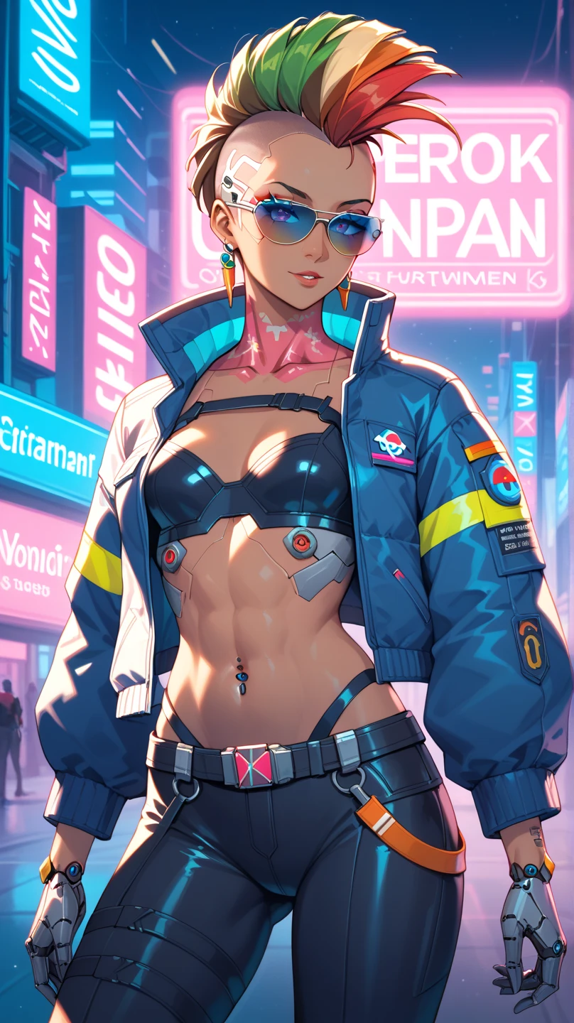1 girl, rainbow mohawk, petite slim body, polynesian origin, dark brown skin, cyberpunk leisurewear athletic clothing + mirrorshades + urban flash jacket, cyberpunk netrunner, cybernetic implants, anime, gritty cyberpunk city, dark color palette, neon lights, 