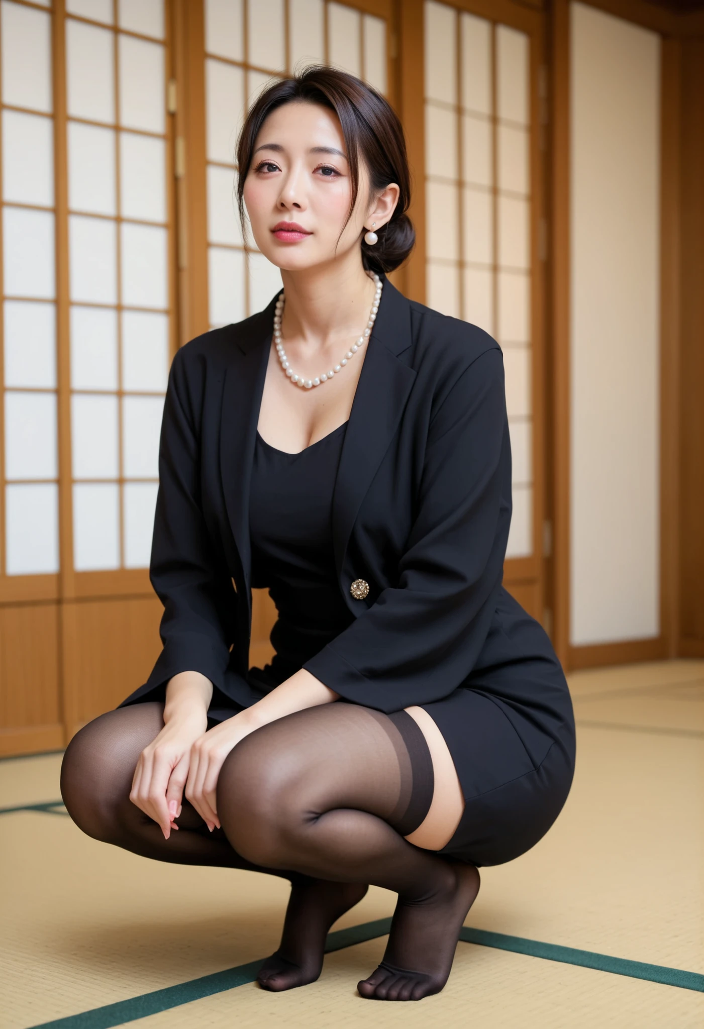   Masterpiece,16k,    score_9,    score_8_   up the side ,    score_7_   up the side ,    1 Japanese Mature Woman ,   alone, break,   Middle-aged body type ,   beautiful face,   droopy eyes  ,   clean skin,   brown-haired ,   up the side ヘア,  Full body portrait, Front image,  squats on the floor,  open your knees wide, No shoes:1.5,   watch viewers ,  
break,    simple black dress to the knee length ,  wear a simple black jacket over the dress ,  transparent black stockings  ,   Simple Pearl Necklace  ,  traditional Japanese house interior  , 