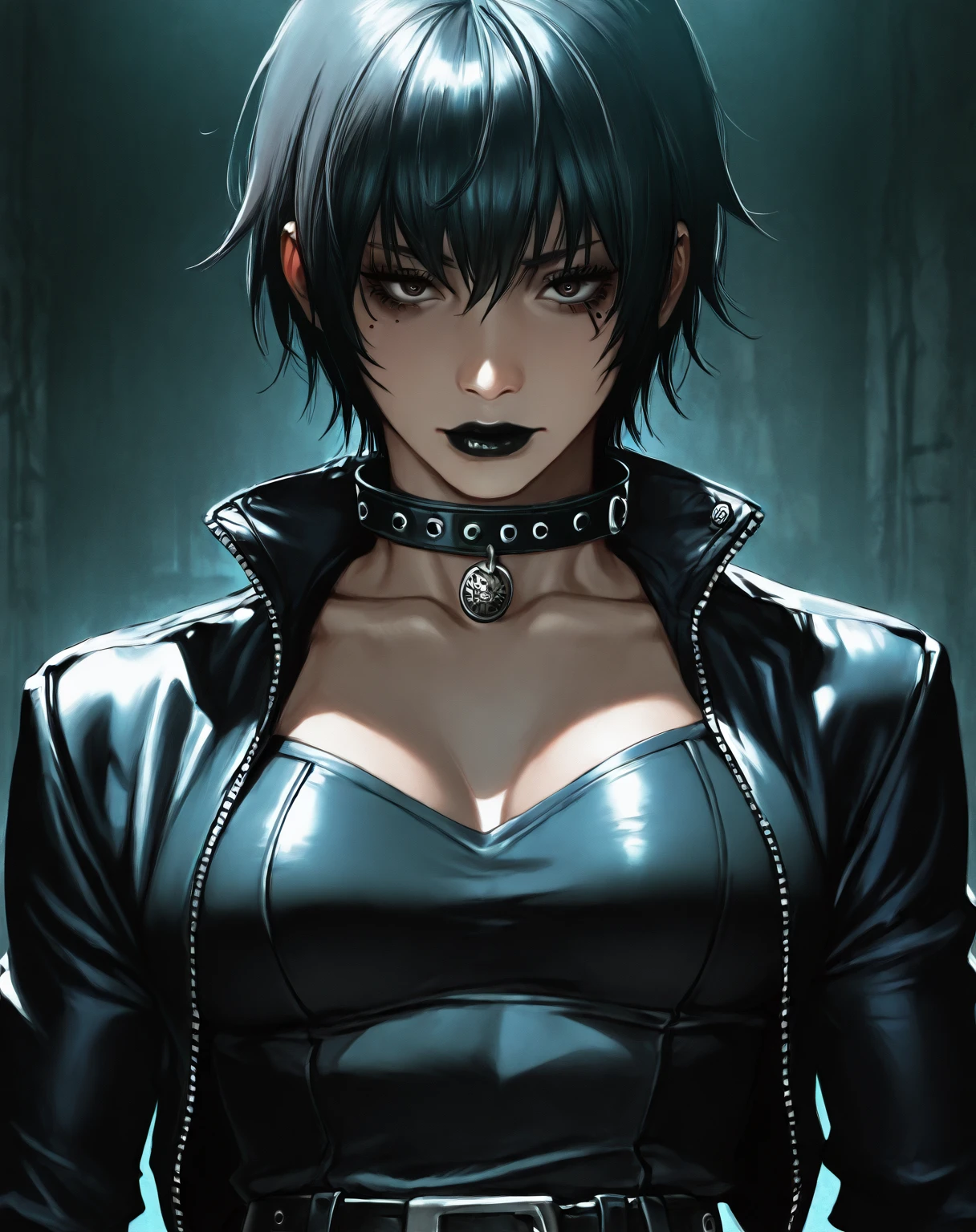 a girl, black lipstick, spike goth choker <lora:Doll:0.8>