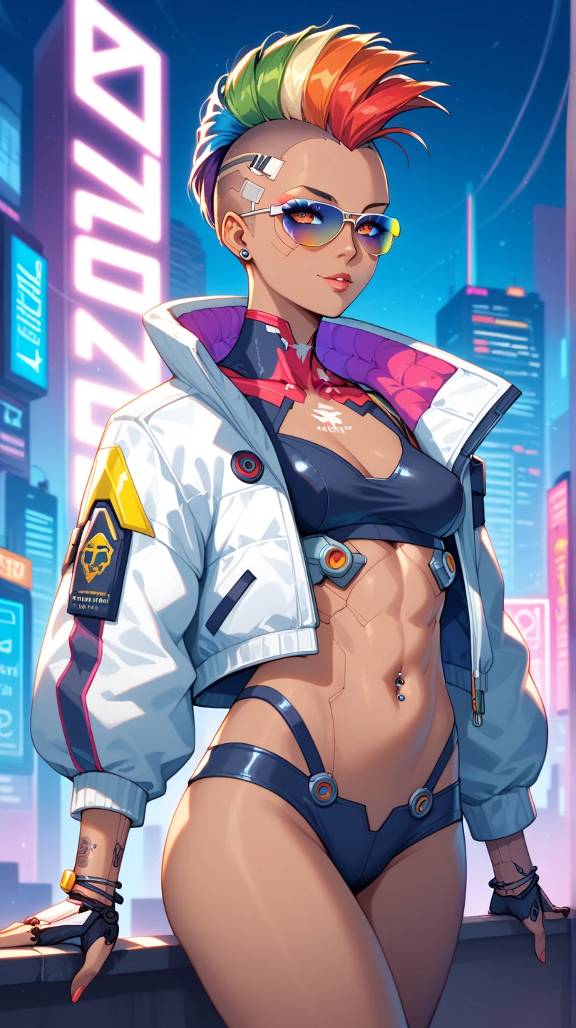 1 girl, rainbow mohawk, petite slim body, polynesian origin, dark brown skin, cyberpunk leisurewear athletic clothing + mirrorshades + urban flash jacket, cyberpunk netrunner, cybernetic implants, anime, gritty cyberpunk city, dark color palette, neon lights, 