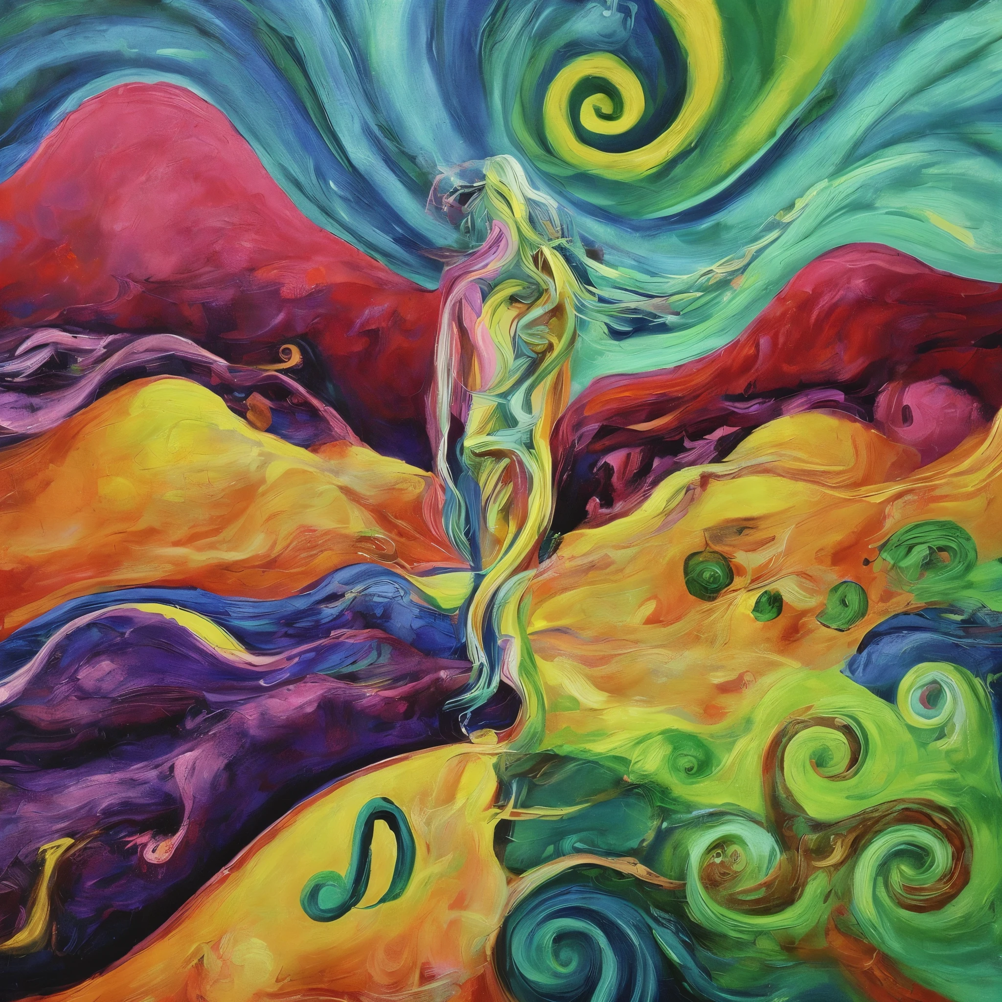 painting of a woman , standing in a field with a swirling background, psychedelic painting, inspired by Amanda Sage, Psychedelic goddess , metaphysical painting, smooth rhythms, bizarre and psychedelic, psychedelic landscape, Renaissance painting, psychedelic interpretation of, swirling flows of energy, Psychedelic Organic Shaman, by Amanda Sage, visionary painting, DMT's Epic Shamanic Art, Psychedelic therapy