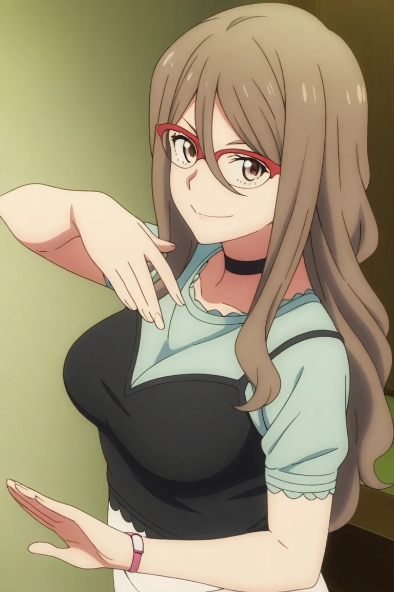 Nakahara Rishi,absurderes,Perfect Anatomy,Nakahara Mitsuki,Long hair,Red-framed eyewear,Black shirt,Tight skirt,Smile,office room,(Large breasts:1.5),Looking at Viewer,(((masutepiece))),((Best Quality)),Perfect Anatomy,8K UHD,extra detailed face,gloss and shiny,((1girl in)),((Solo)),(Beautiful detailed eyes:1.5),image perfect,(Upper body:1.1),(Look at the front:1.1),arms behind back,Slim waist,Shiny hair,Standing