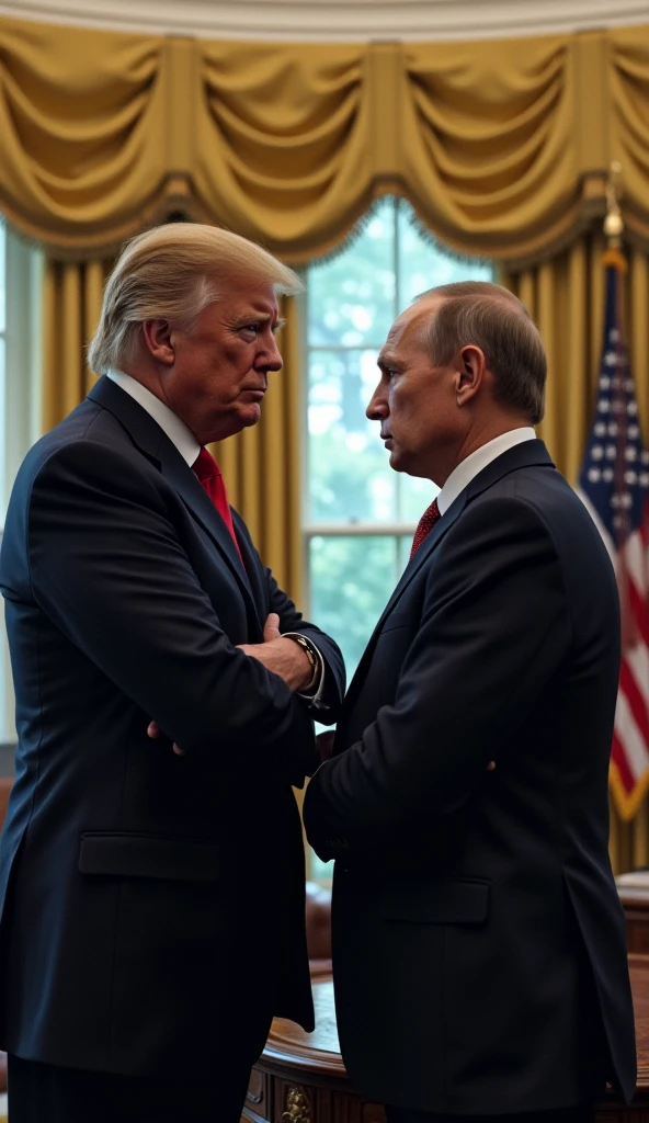 In the low-light room, Two men posing political behave, hugging or shake hands, ((Donald Trump and Vladimir Putin)), size of Donald Trump:1.2, Facing each other,Among them, The first man is an old man, And the other is young, With an atmosphere of concentration in the discussion between them and a deep look, Wear a black suit, The young man enthusiastic expression, focus two men, Contrast lighting, delicate skin,Cinematic, HD, details , Realistic, Get to know a professional photo, soft lighting, highs quality, Best Quality,