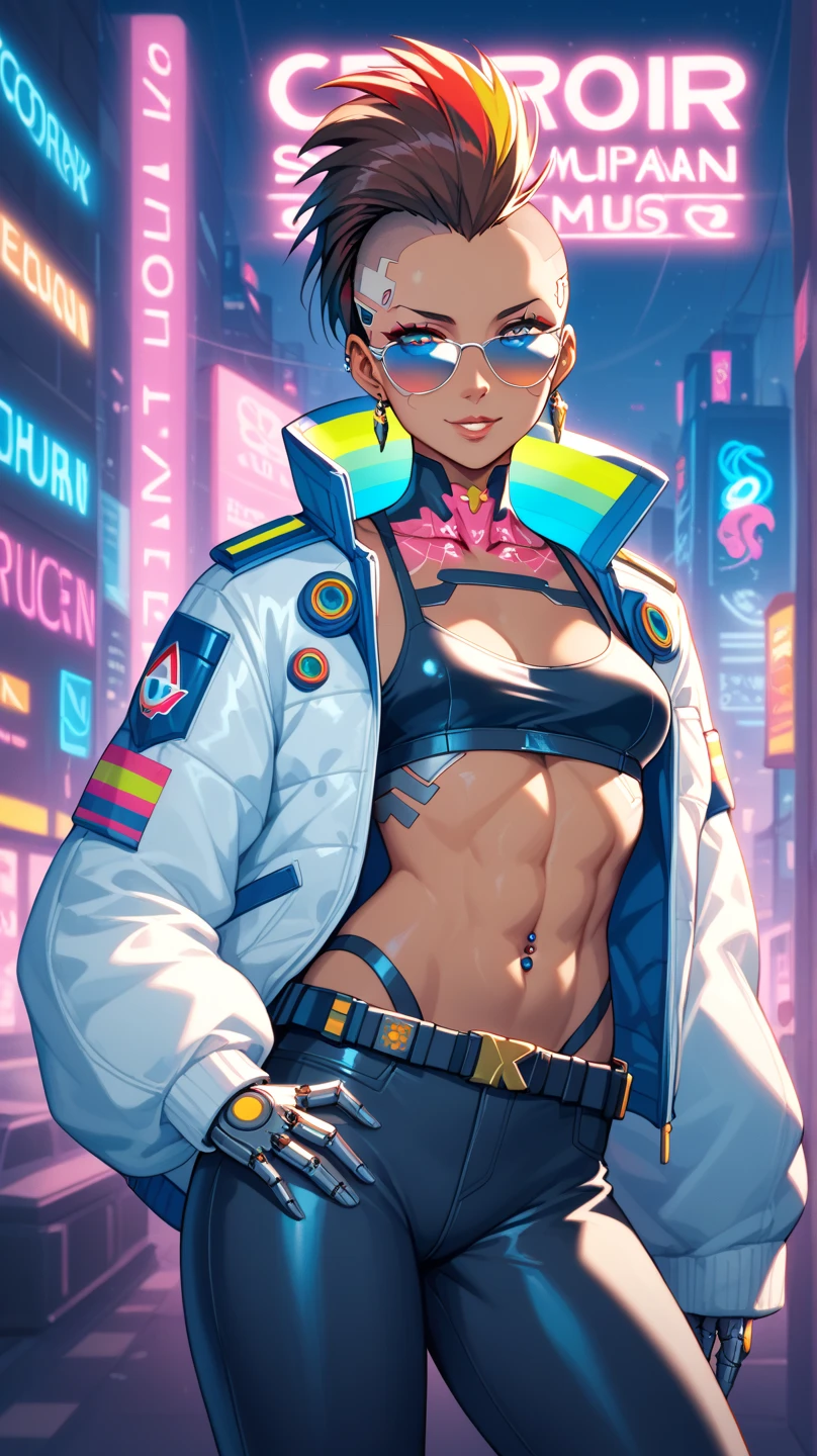 1 girl, rainbow mohawk, petite slim body, polynesian origin, dark brown skin, cyberpunk leisurewear athletic clothing + mirrorshades + urban flash jacket, cyberpunk netrunner, cybernetic implants, anime, gritty cyberpunk city, dark color palette, neon lights, 