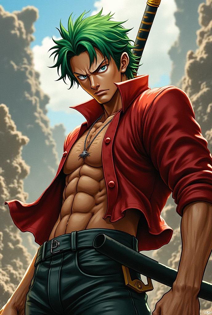 Zoro in a shirt with a band on his injured chest 