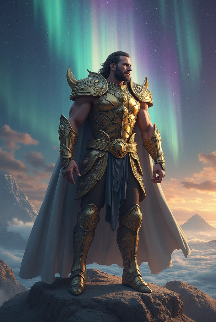 super high resolution, best quality, photo, 8k, (photorealistic: 1.2), cinematic lighting, A man with  long hair, tall and hunk, biceps, abs, chest, big black trench coat, black trousers, belt, bearded and sitting on the crystal throne floating on crystal clouds, yellow fire eyes, bright yellow light emitted from the throne, precious stones floating in the sky, God, with beams of light enveloping his body, golden light (halo:1.2) over your head, abdominal muscles dressed in medieval golden armor, beard, masculine, dark, masterpiece, best quality, intricate details, snow environment and crystals in the background, crystal cathedral, portal of the future, 3D light, HD, magic, god of light, backlighting, detailed face, DREAD, depth of field, soft lighting, tone mapped, highly detailed, concept art, smooth, sharp focus, dramatic lighting, highly detailed art, cinematic, 8K, amazing shadows (highly detailed background: 1.2)