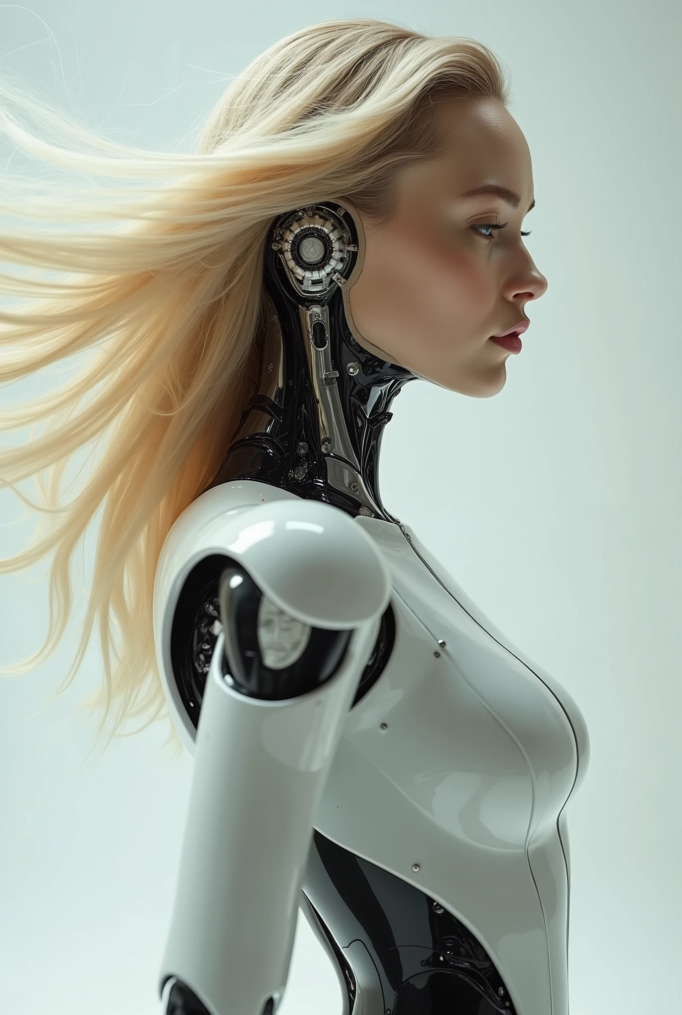 A stunning female android with flowing blonde hair, embodying a perfect fusion of elegance and technology. This remarkable creation is composed of 50% machine, seamlessly blending advanced engineering with human-like grace. Her presence is captivating, as she stands as a testament to the incredible potential of artificial intelligence intertwined with aesthetic beauty, pushing the boundaries of what it means to be both human and machine.