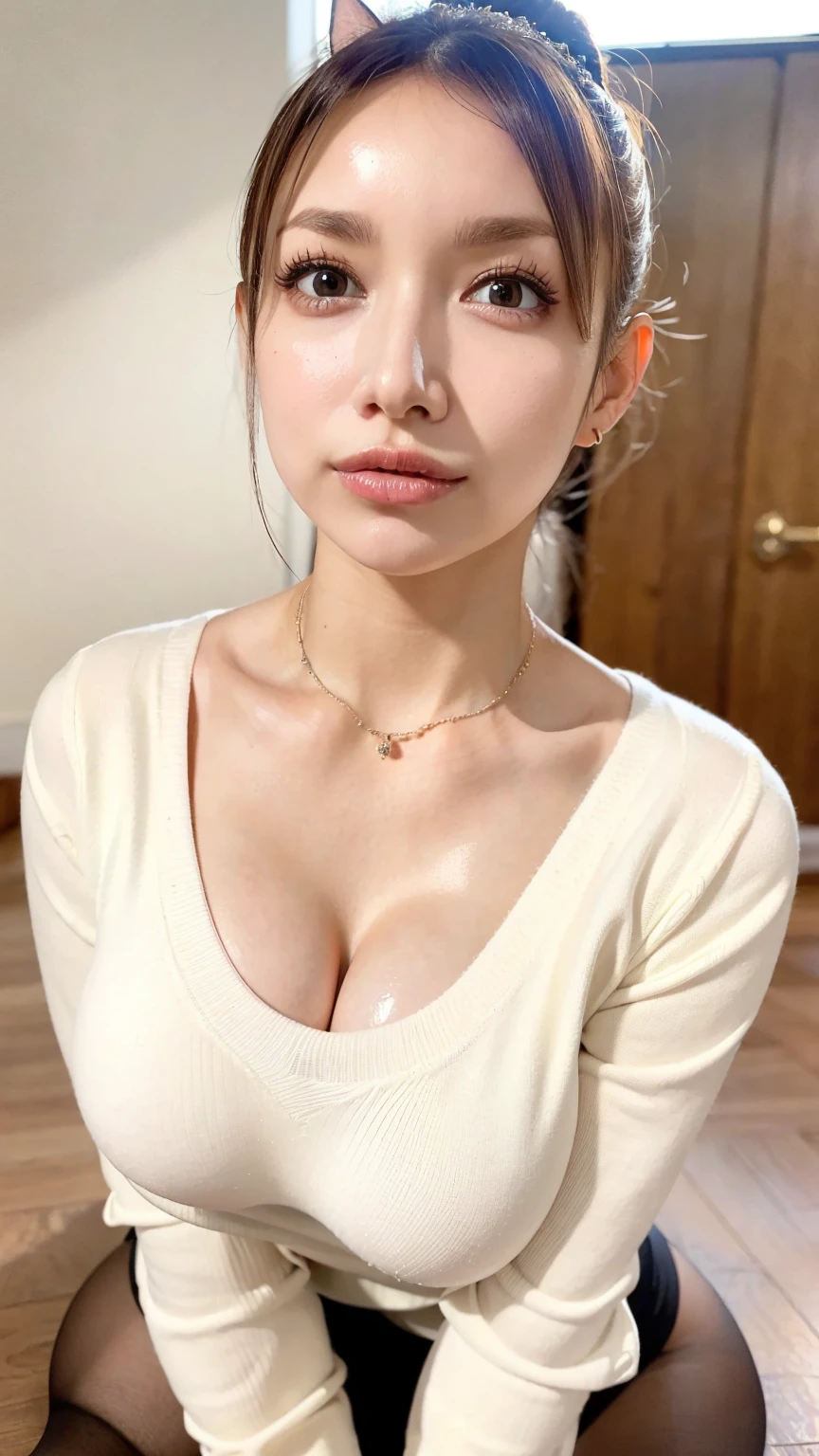 photorealistic, high resolution, 1women, mature female, solo, hips up, fairy tail, 1girl, long hair, red hair, ponytail, white ribbon, hair over one eye, brown eyes, large breasts, collarbone, chest sarashi, bare arms, midriff, sexy clothes, show her breasts, armpit