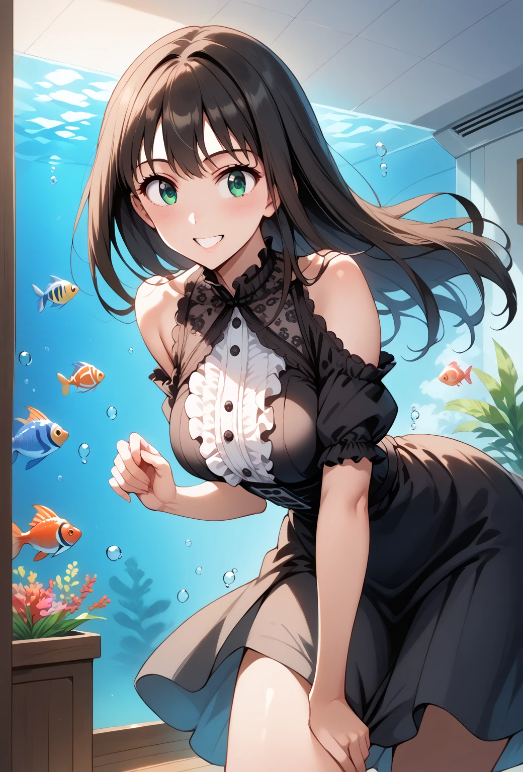 (1) A woman is squatting on both knees、pink panties are visible.
(2) Women have long brown hair.
(3) The woman is wearing a white V-neck knit, black miniskirt and long boots.
(4) The woman&#39;s expression is a smile.
(5) Cleavage in women is visible.
(6) The place is an aquarium.