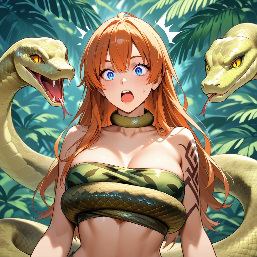 ((Highest quality)), ((masterpiece)), (detailed), (Perfect Face)、The woman is a predator named Tiare, with green eyes, blonde medium-long hair, and a predator suit. She is a complete female predator, happily embracing her fellow male predator in the forest.、the woman is pregnant