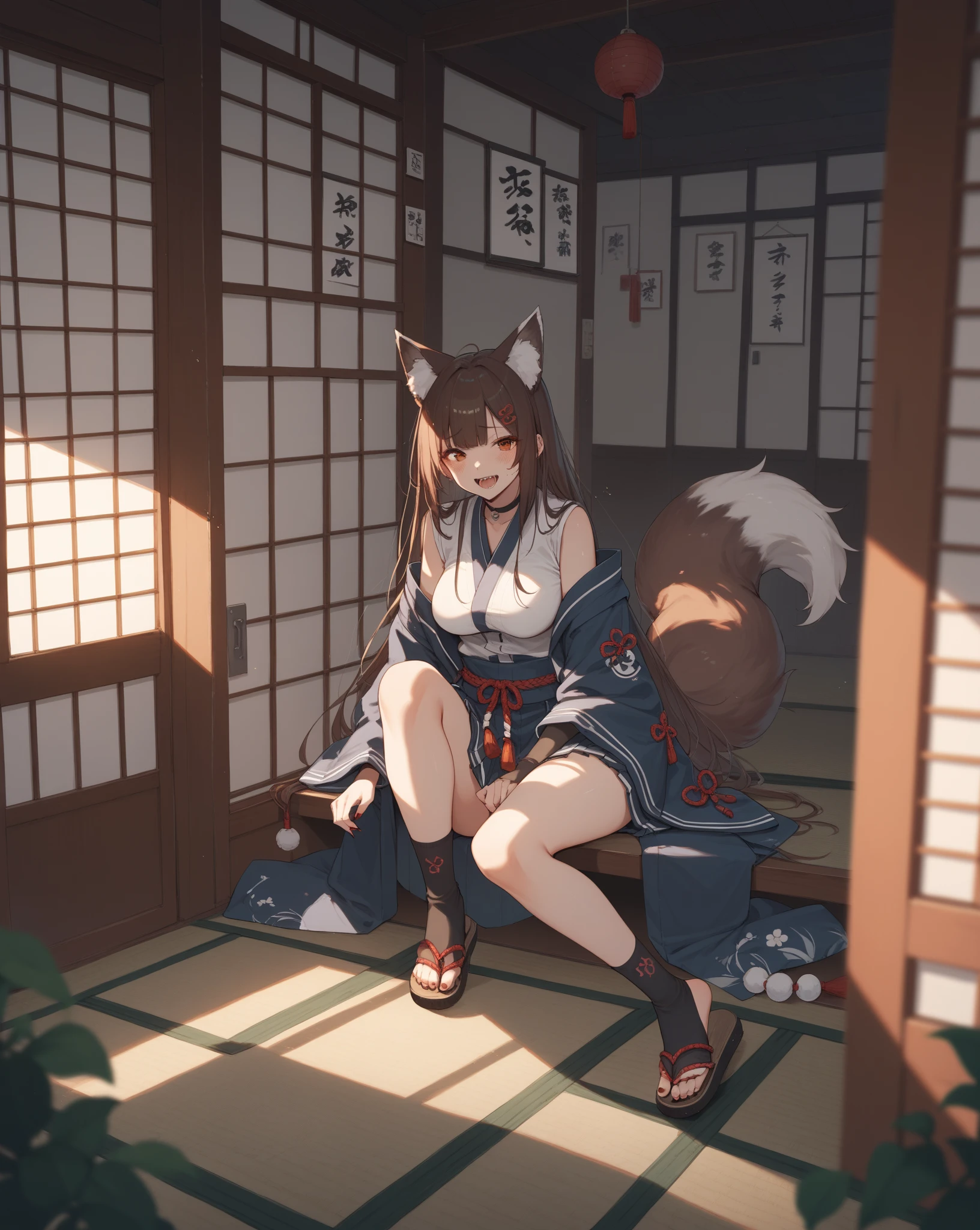 hightquality, hight resolution, Authentic anime sketch style, warm main color, Overhead Camera Angle, Exposing only the stomach and navel, Facing forward, a Beautuful Woman, warm indirect lighting, New Year's furisode kimono, japanes, sitting in a traditional room, calm sitting pose, Beautiful facial features, A face with a gentle smile, A full-body kimono that hides the skin and shows only the navel, A kimono with a hole only at the navel, length hair, Brown hair, Detailed eyes, There is a calm expression on the lips, Brown eyes,  Bust of appropriate size and texture, infp young woman, Slim body type, Subtle sensuality, No accessories, new year decoration tools, Barefoot, There are animals and pets around, Warm Japanese room, Tatami background, fireplace lighting, Traditional architecture of Japan, Snowy landscape from the window, Sunny weather in winter, Daytime, Calm and warm atmosphere, (The background is rich and delicate)
