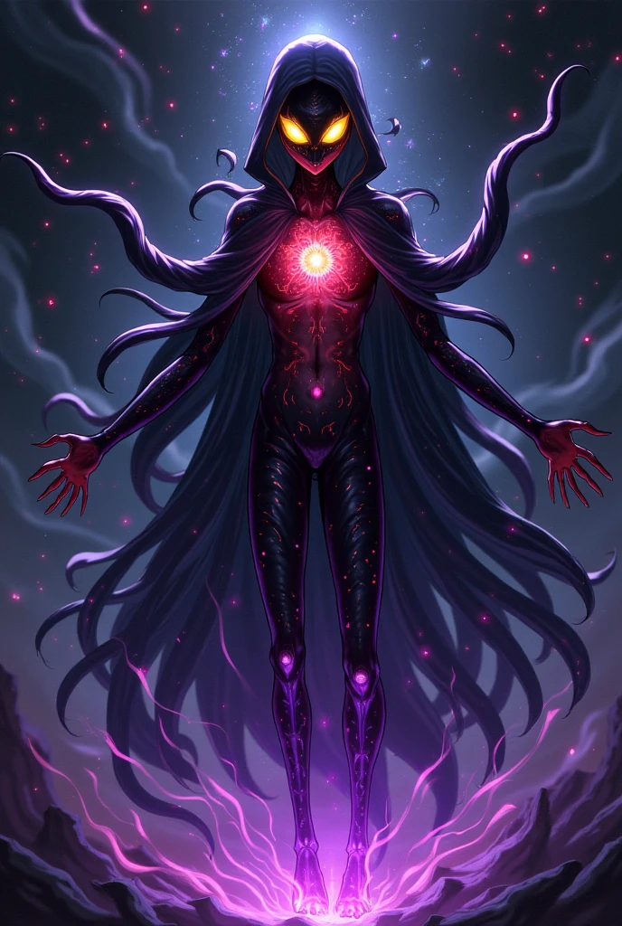 *head*:
**Rosto**: Her face is hidden by a veil or black cloth, que parece absorver a luz ao redor, creating a feeling of emptiness. No entanto, through the veil, you can see shadows moving, as if countless lost souls were trapped there. **Olhos**: Has no visible eyes, but from the darkness of the veil emanate small sparks of red light
**Corpo**:
*Tamanho*: Thalan'rhaesh possui uma estatura alta e esguia, with long, disproportionate limbs that add a sense of inhumanity to their form.
- **Textura**: Your skin is absolute black, com uma textura semelhante ao couro, mas entremeada com veias que brilham em um tom esverdeado e pulsante, como se seu corpo estivesse repleto de energia maligna.
*arms: Your arms are incredibly long and flexible, allowing movements impossible for a human being. They end in hands with slender, elongated fingers, semelhantes a garras
Dedos: The fingers are covered in a slimy substance that shines with a pale shine Legs: The legs are equally long and slender, ending in feet that resemble roots, giving the impression that he can merge with the ground - **tentacles**: From its back emerge several black, serpentine tentacles., each with their own life, movendo-se de forma independente e sinistra. These tentacles are coated in a black, sticky substance that appears to devour light..
Ambiente:
- **Macroverso**: Quando no macroverso, Thalan'rhaesh parece se fundir com o ambiente, suas formas negras se mesclando com as trevas ao redor. The space around you is filled with rectangular and three-dimensional objects of unknown shapes, and lights and shadows that dance and move in incomprehensible ways.