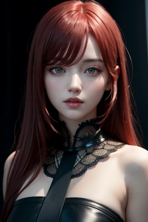 1girl, star eye, blush, perfect illumination, red hair, red eyes, unreal engine, sidelighting, detailed face, bangs, bright skin, simple background, dark background, 