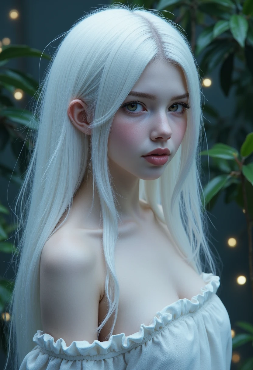 Naked girl walking through a dark dark forest, long white hair, dark red lipstick, black lined eyes, pale skin, big breasts, hairless body,  ultra detailed perfect beautiful face, smiling at camera,  8k, Masterpiece, ultra details, Perfect face.