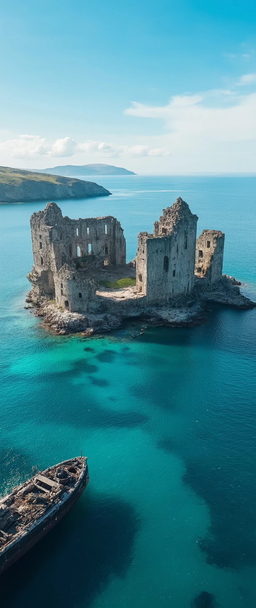 High Definition Images、I'm in the Dover Strait water{x}（Clear Blue Clear Glass Castle ruins）Masterpiece、2 Aegis ships at sea 、 Remains of an ancient glass castle that followed the city 、 Outdoors、Blue sky passes through 、 ruins of an English glass castle 、 from above the ruins of an English glass castle 、  Scenery、nature、 high resolution,My colorful view from Dover Strait、Photorealism 、 Very Detailed Clear Glass Castle Ruins。
