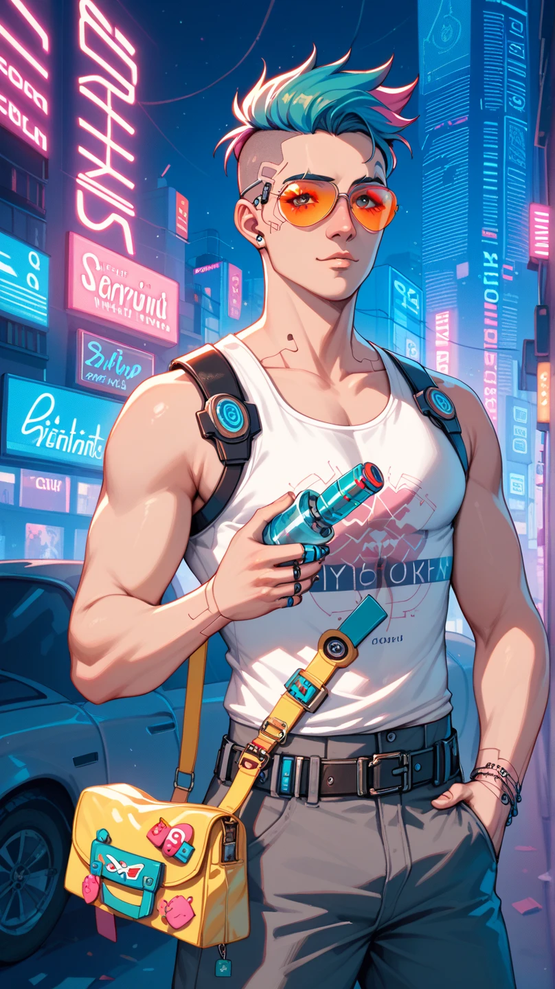 1 man, wild colors hairstyle, cyberpunk asian pop clothing (generic chic bottoms + generic chic top) + mirrorshades + tool bag, cyberpunk tech, cybernetic implants, tool hand,  anime, gritty cyberpunk city, dark color palette, neon lights, 
