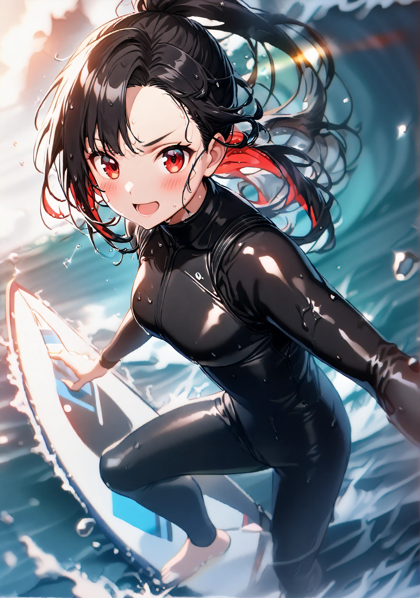 1 girl, Game CG,
shallow depth of field, a portrait with a soft Gaussian blurred background, creating a dreamy atmosphere,
standing, looking viewer, beaming face, open mouth, blush, incrssurfing, surfing,
surfboard,
(Black Hair, dark scarlet inner color, high band ponytail, asymmetrical bangs, red eyes, Light eyes , Clear and Expressive eyes,)
happy expression,
(black wet suits, glossy rubbery:1.6),
Her wet hair is dripping slowly, with drops of water falling from the strands, highlighting the glossy texture of her hair and the transparency of the droplets. Blight:1.4, summer sea,.
Firm breasts, High chest, erection of nipples:1.3, camel toe:1.3, The silhouette of the protruding collarbone,
Intricate details, Perfect Contour, perfect anatomy, Lens Flare, Cinematic Light Effects,