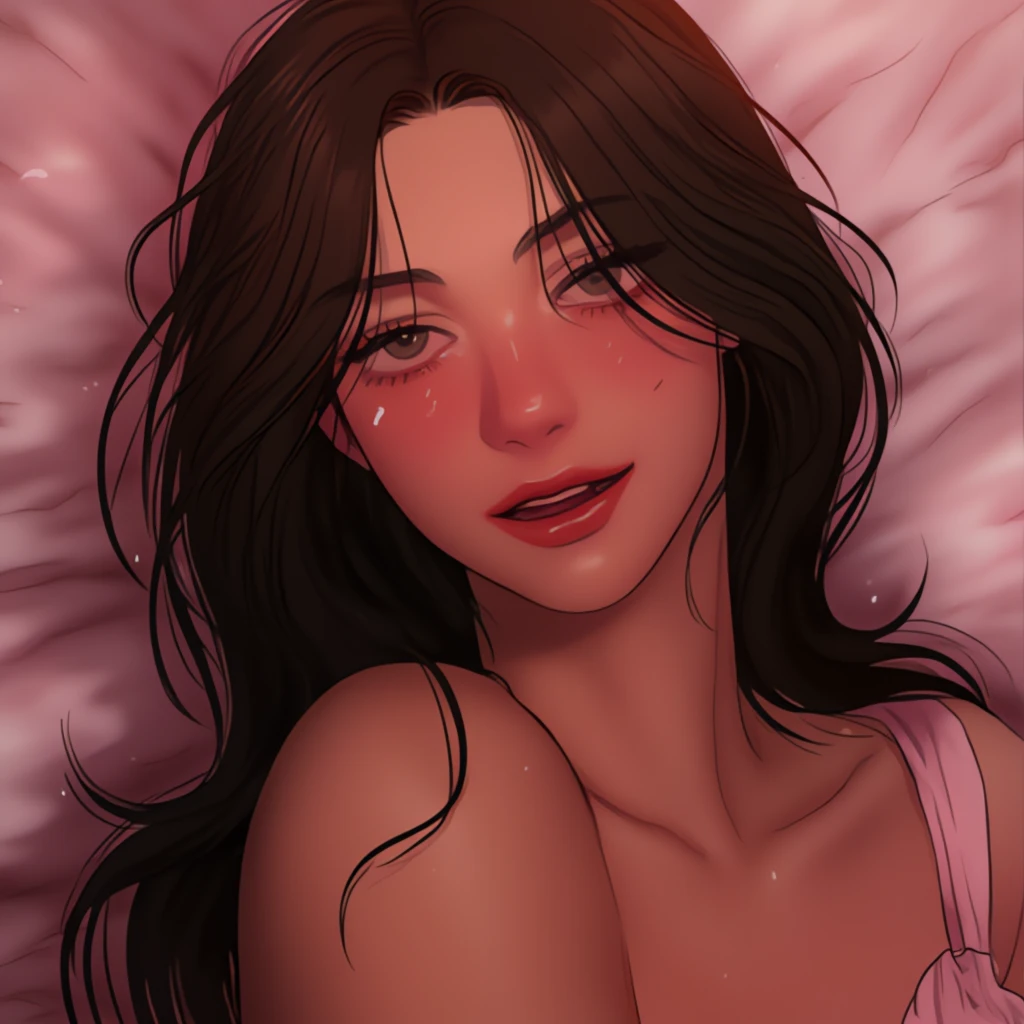 Amazing portrait of a woman who is 30 years old and an adult and a sexy woman with her eyes closed and her mouth open with a very deep blush and the tip of her nose is red having a long neck emphasised by her off shoulder pink sweater showcasing her medium chest with visible cleavage in her bedroom with warm lighting as she's lying on her bed with her head on the pillow facing up during night time with soft lighting showcasing her red lips and her beautiful face in detail and close up