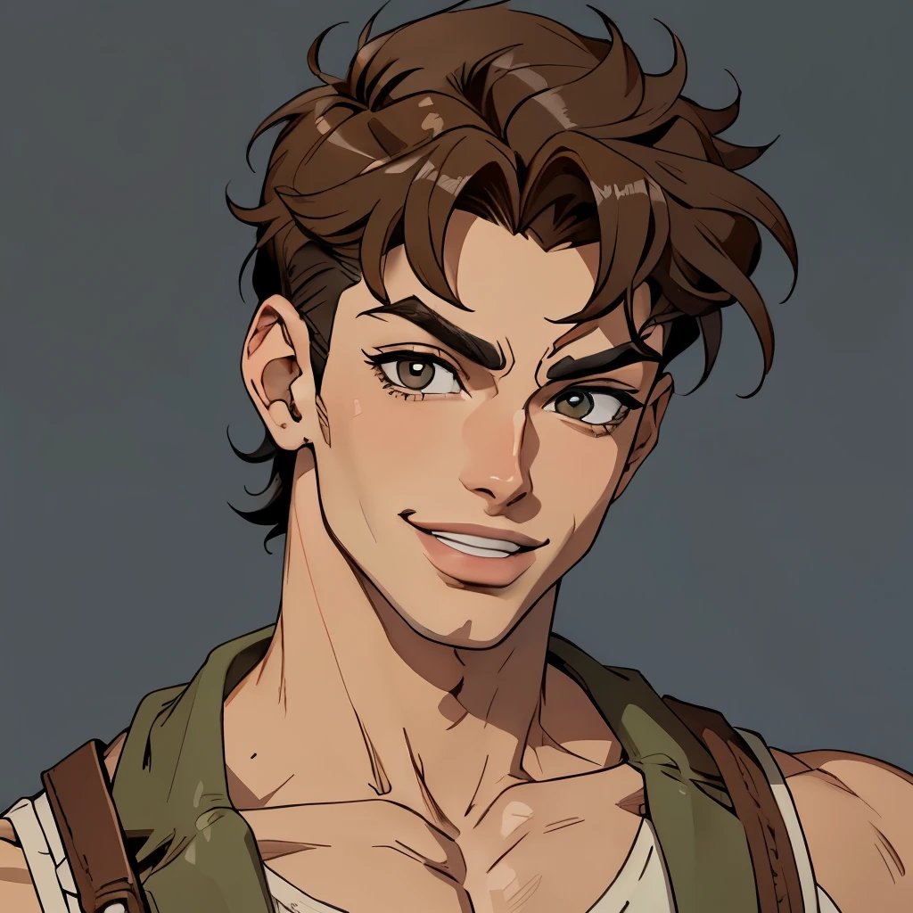 masterpiece, best quality,portrait, jojo bizarre adventure, 1 boy, solo, low fade, brown hair, smile, tan skin,