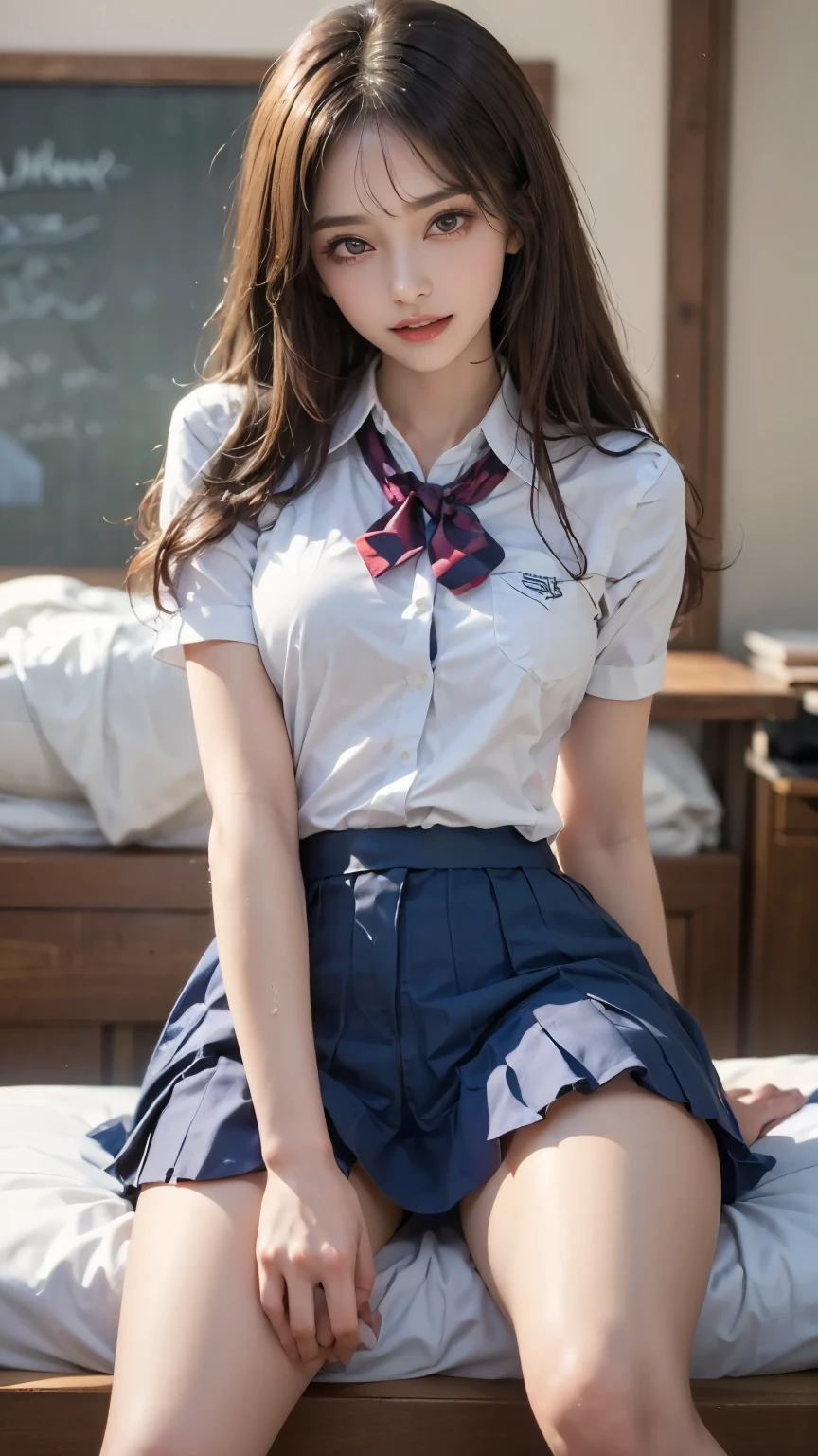 Very detailed 8k wallpaper)、sharp-focus、in detail、drama、Delicate and beautiful schoolgirl、Full body like、(Sheer white shirt、)necktie、Dark blue pleated micro mini、light brown-hair、Smooth pigtails、smile on face、Peek at the viewer、Beautiful graphics、Bright school building、Full of students、Show me your whole body、White socks、。