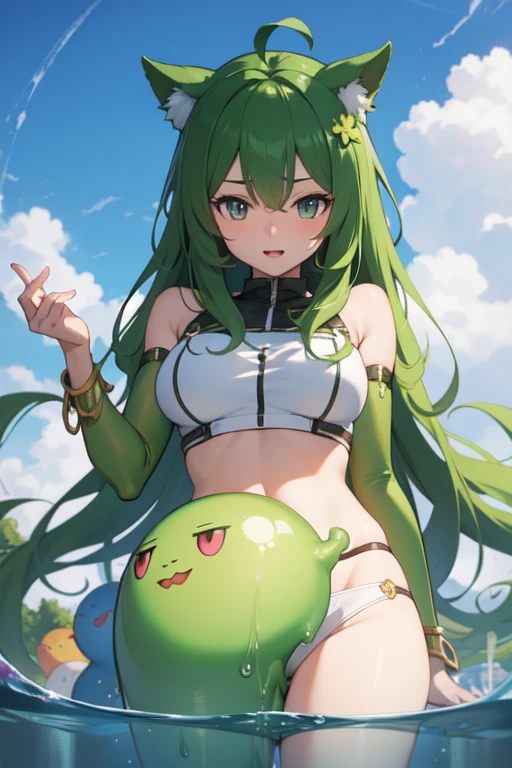 Hyperphotorealistic, shot from thigh up, cuteness pop horror style, colorful melty lime costume lascivious hottie melty slime, camel toe, super nymphomaniac, huge huge breasts, melty lime micro mini bikini, heavenly nightmare sunny beach, super detail
