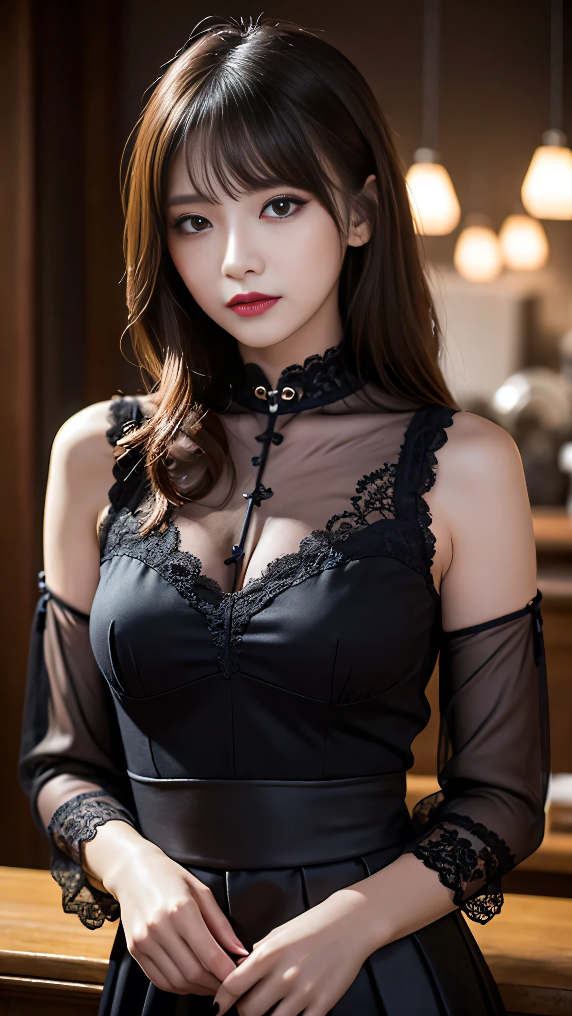((Highest quality、masterpiece、8K))、Anatomically correct、Very detailed、High resolution、Realistic、Beautiful white skin、((Beautiful, starry, almond-shaped, detailed eyes))、Well-formed nose bridge、Intricate details、Cinematic lighting、((Sit on a chair))、Pitch-dark room、(((The desk in front of me)))(((A large crystal ball on a desk)))(((Cover the crystal ball with both hands)))、(((A beautiful black dress that covers the neck)))