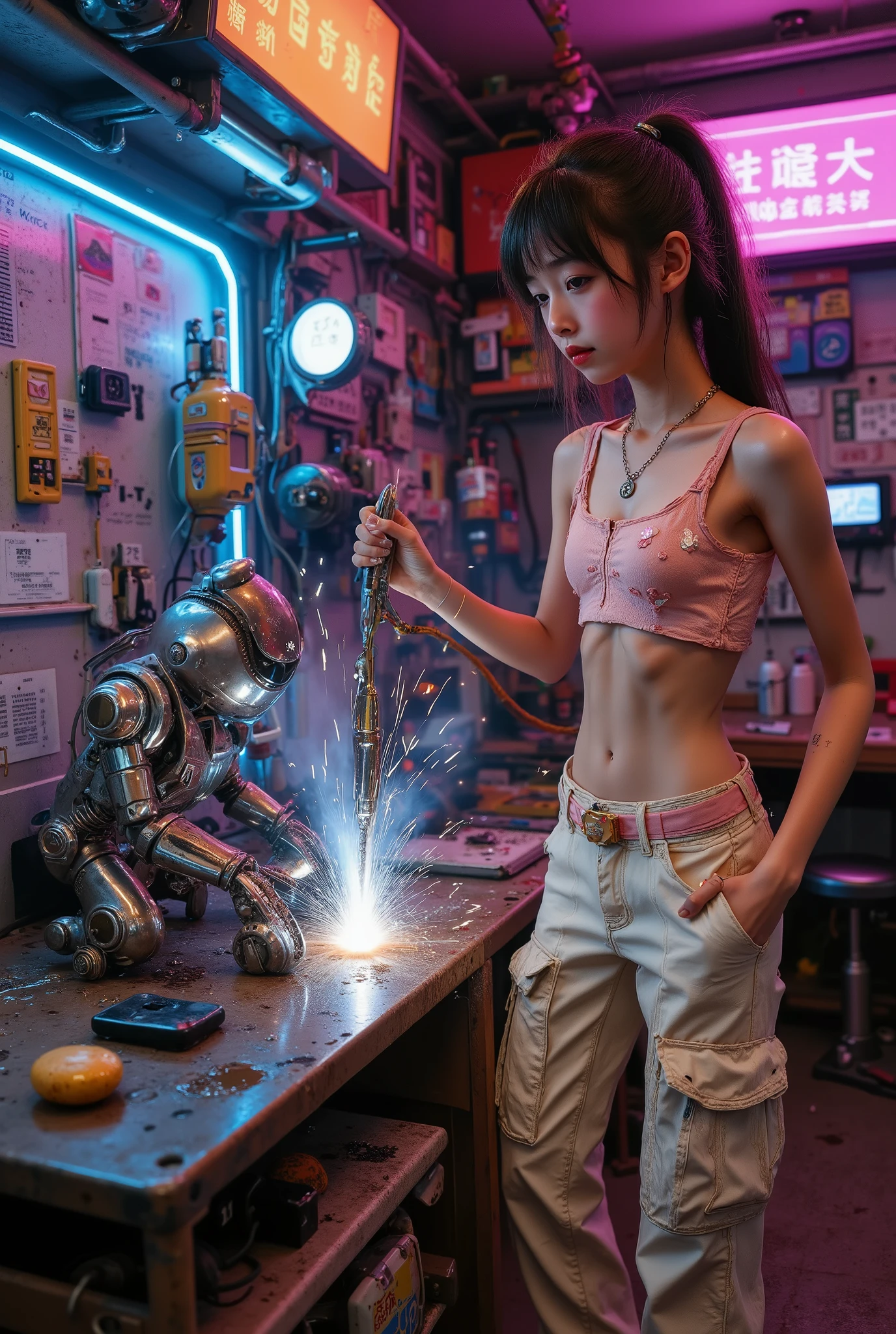 " An 18-year-old Chinese girl , thin and androgynous-looking, with long black hair, straight fringe and misaligned ponytail, some dirty patches of grease. She wears a pastel pink crop top with cherry blossom prints and lace details on her shoulders, leaving your waist thin and navel Showing. Oversized cargo pants are light beige, with utility pockets and embroidered designs of Japanese dragons on the legs, tied with a pink satin belt. On the feet, wears low-top casual shoes, white with Japanese wave patterns (seigaiha ) in gold.
She's welding a shiny mechanical piece onto a bench full of tools, electronic boards and loose wires. Sparks pop out of the solder spot, illuminating your concentrated face. on its side, } a small, partially assembled robot blinks colored lights, while exposed cables suggest that it is under construction. The setting is a cyberpunk home workshop, with neon blue and pink lights, tools spread out , crazy inventions and oil stains on the floor. In the background, a large machine shines with pulsating lights."