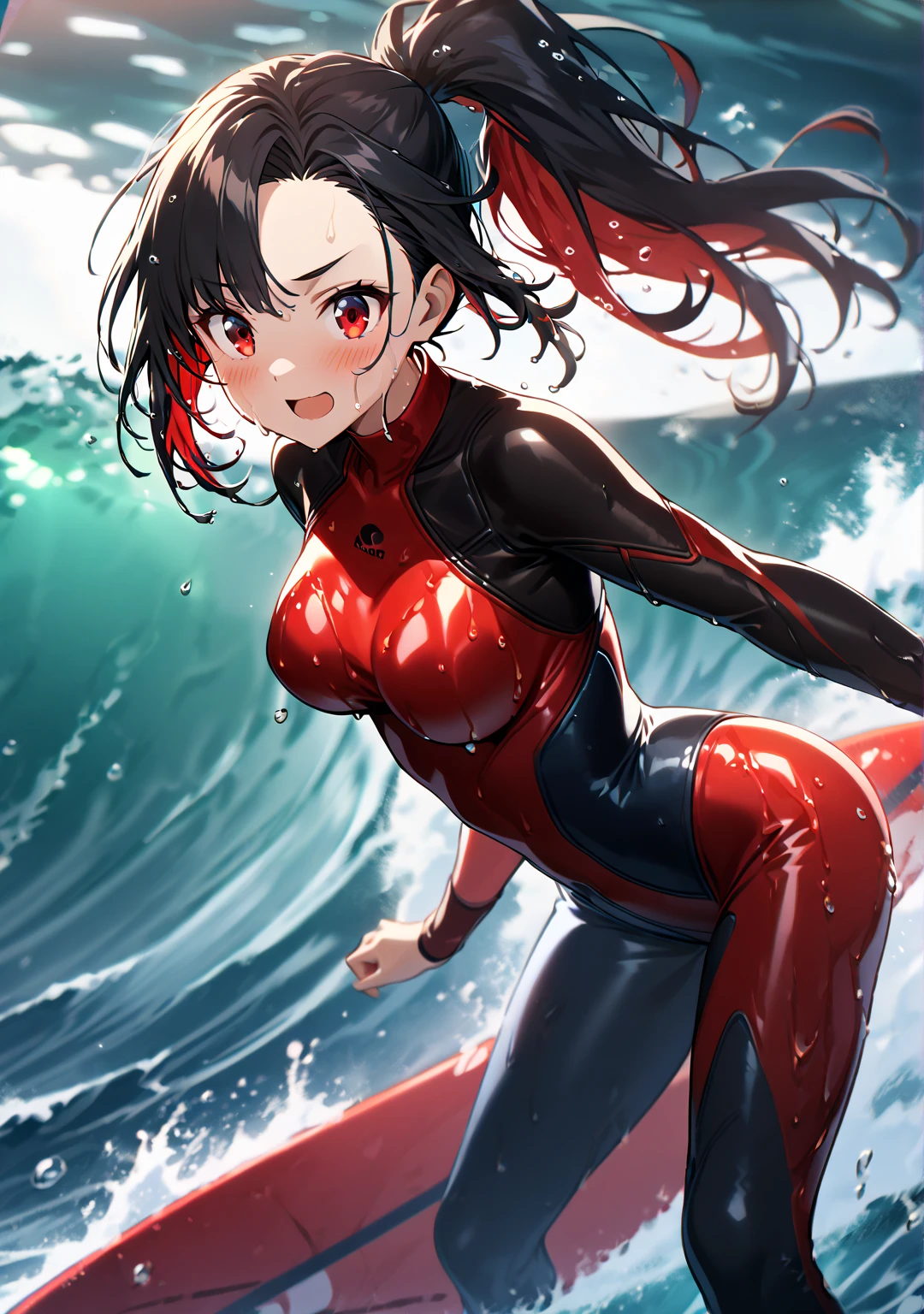 Mature beautiful woman,(Highest quality,Extremely detailed depiction,Incredibly absurd high resolution,Anatomically accurate depiction,Curvy Legs),(Glowing Skin,Shiny skin,Oilskin,Wet body),Surfer surfing,wetsuit,latex,surfboard,Large Breasts,Glossy lipstick,Sweat,background:Ocean,